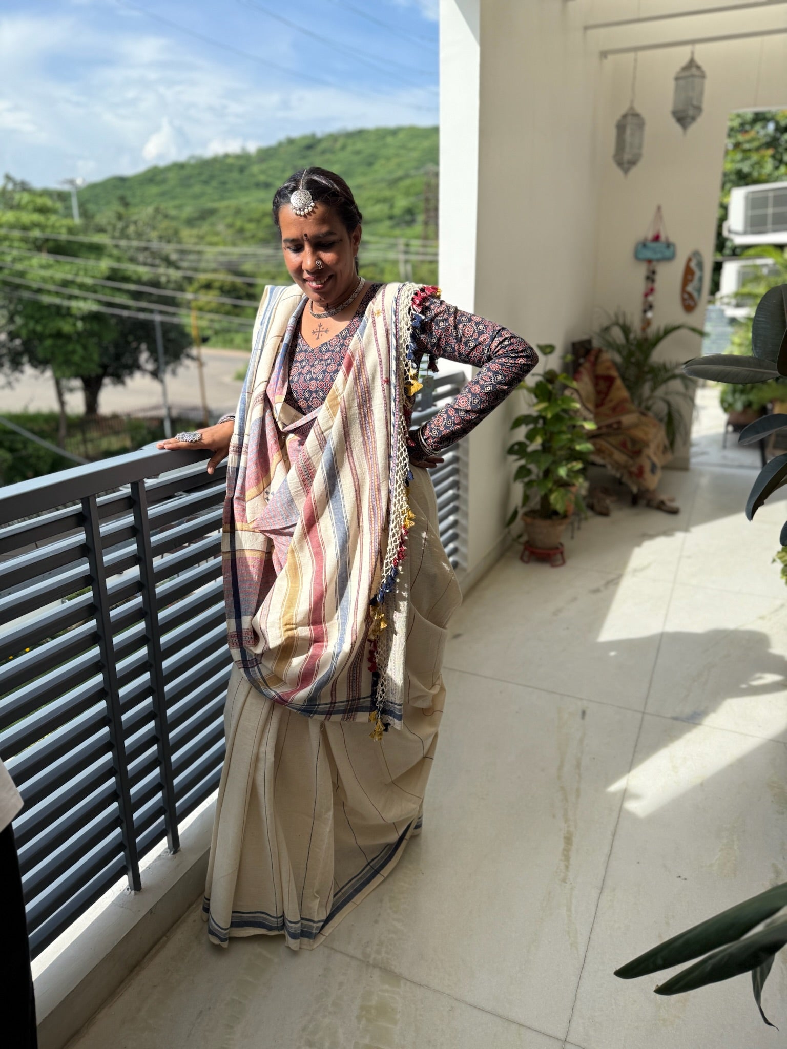Off-White and Blue Handwoven Bhujodi Saree