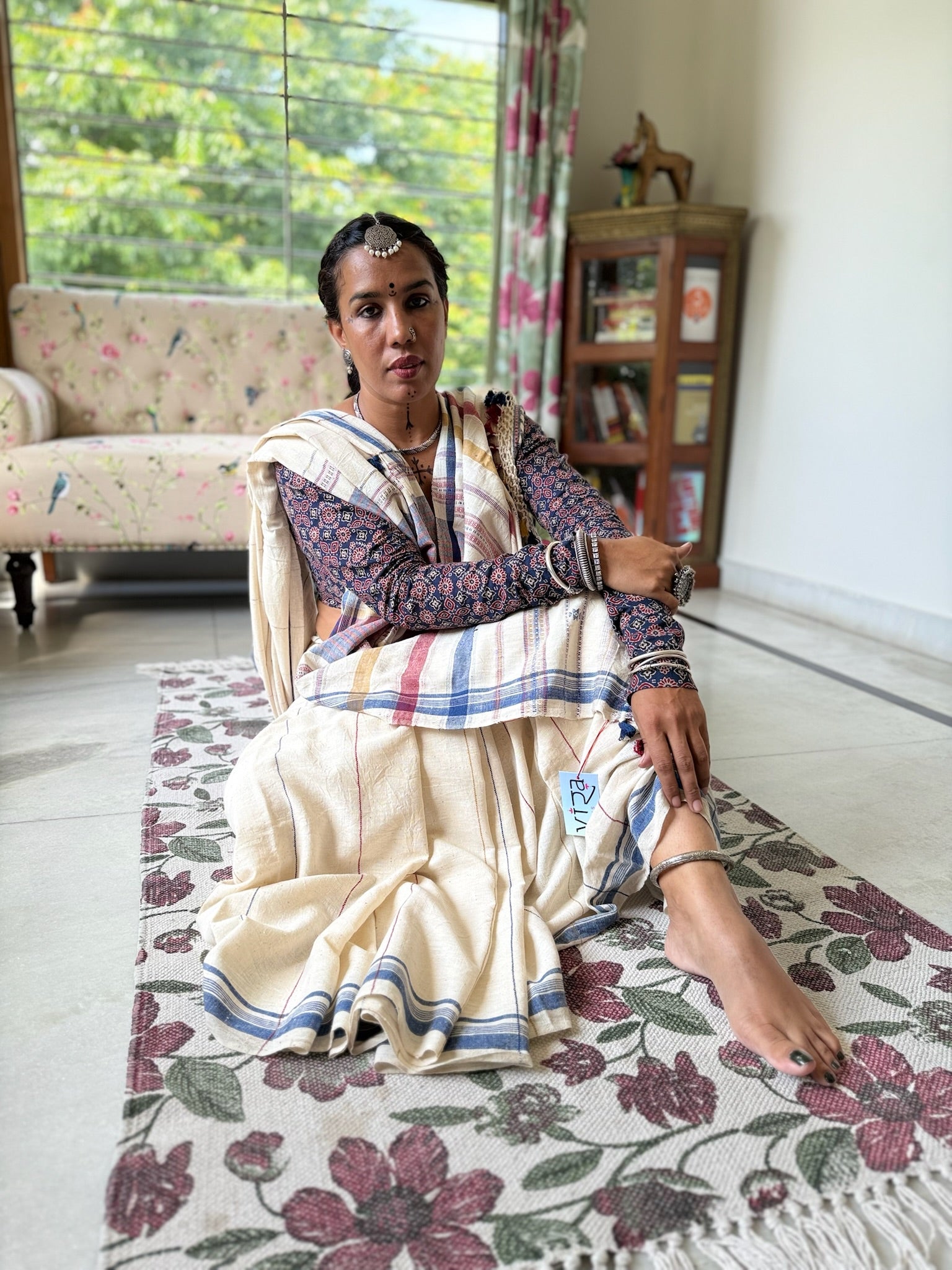 Off-White and Blue Handwoven Bhujodi Saree