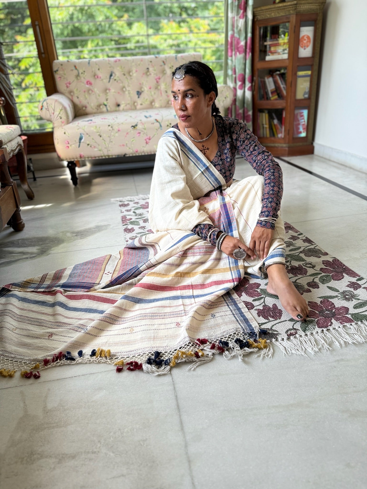 Off-White and Blue Handwoven Bhujodi Saree