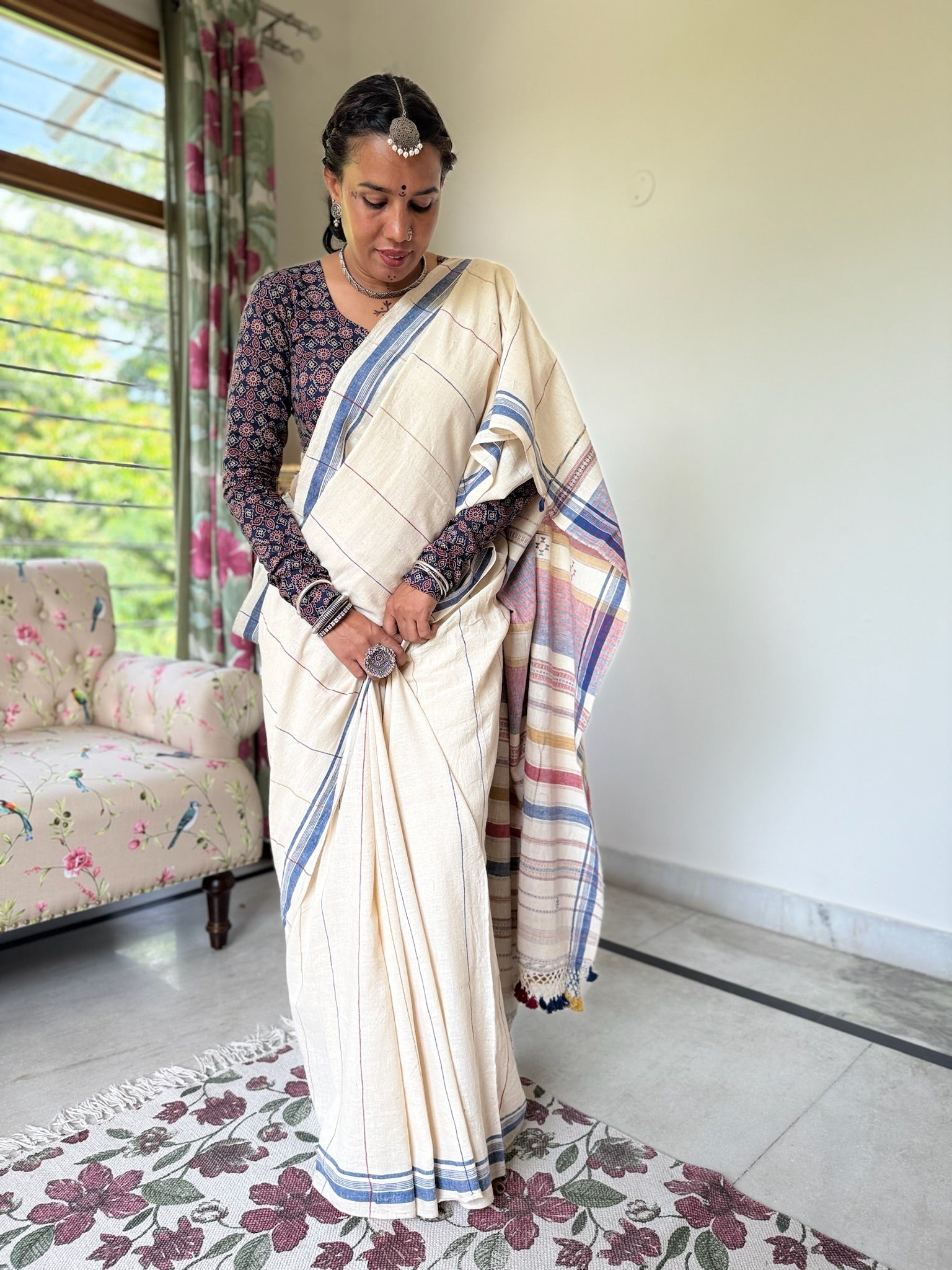 Off-White and Blue Handwoven Bhujodi Saree