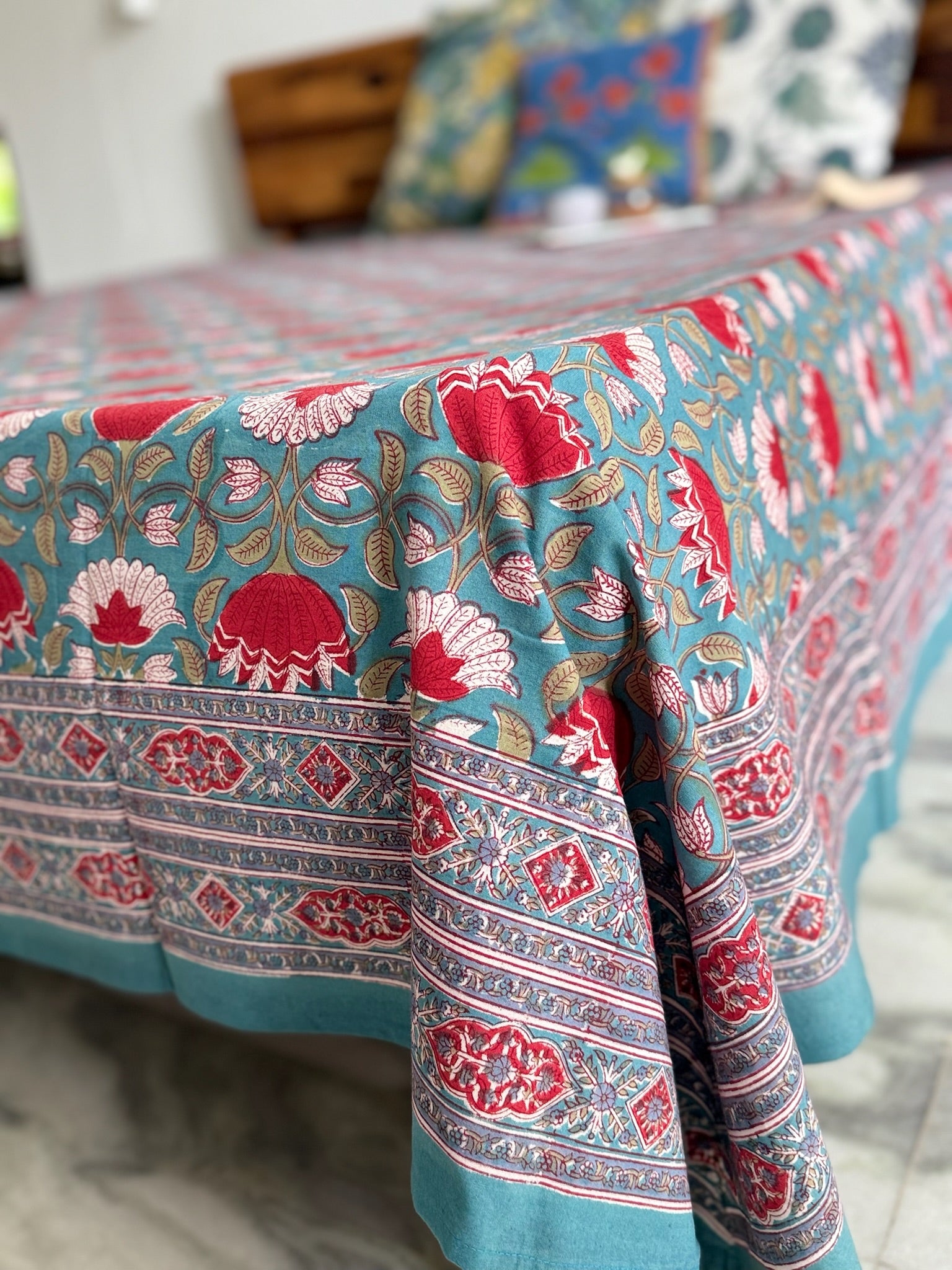 Hand Block Printed Teal Cotton Bedsheet with Red & White Floral Design