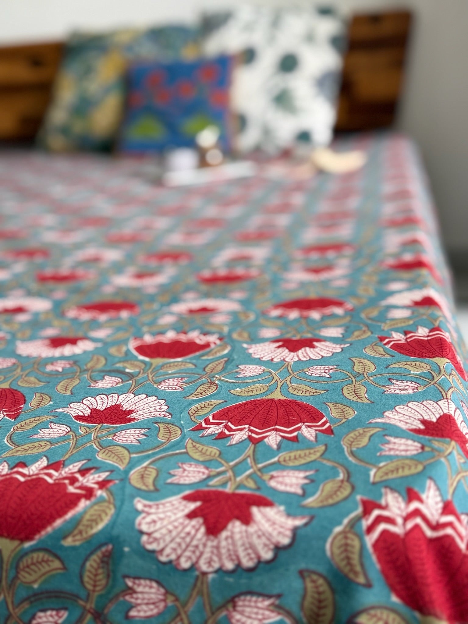Hand Block Printed Teal Cotton Bedsheet with Red & White Floral Design