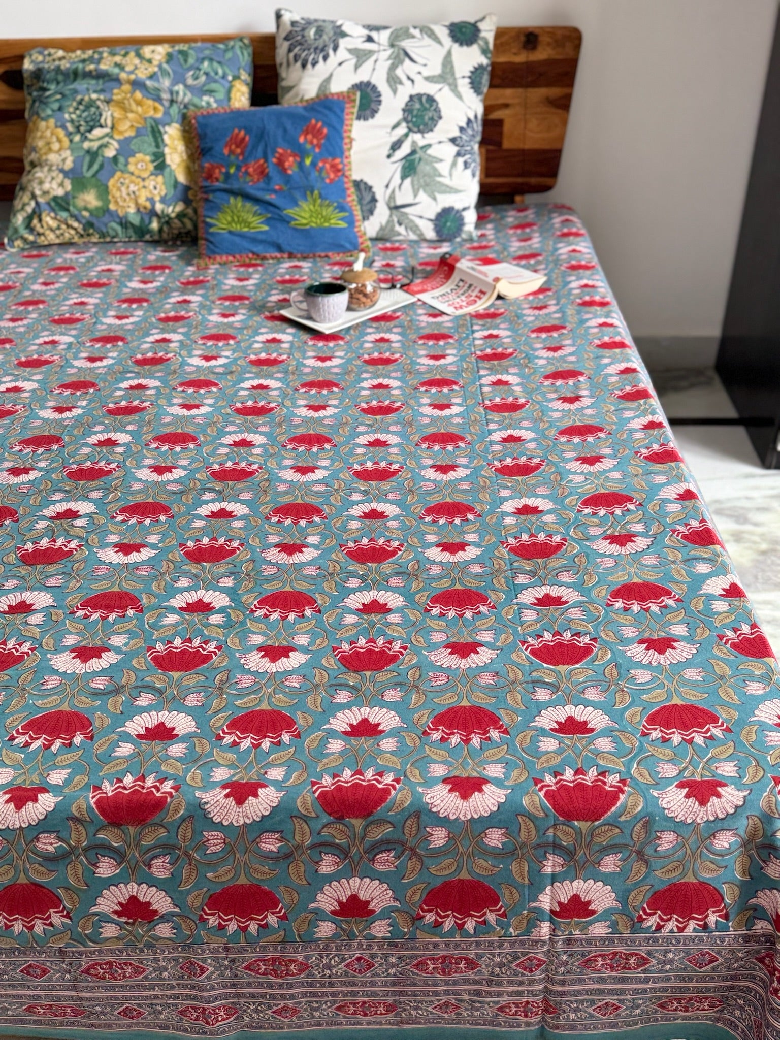 Hand Block Printed Teal Cotton Bedsheet with Red & White Floral Design