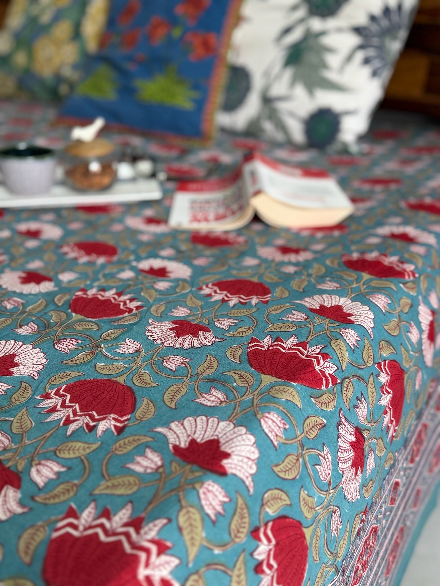 Hand Block Printed Teal Cotton Bedsheet with Red & White Floral Design