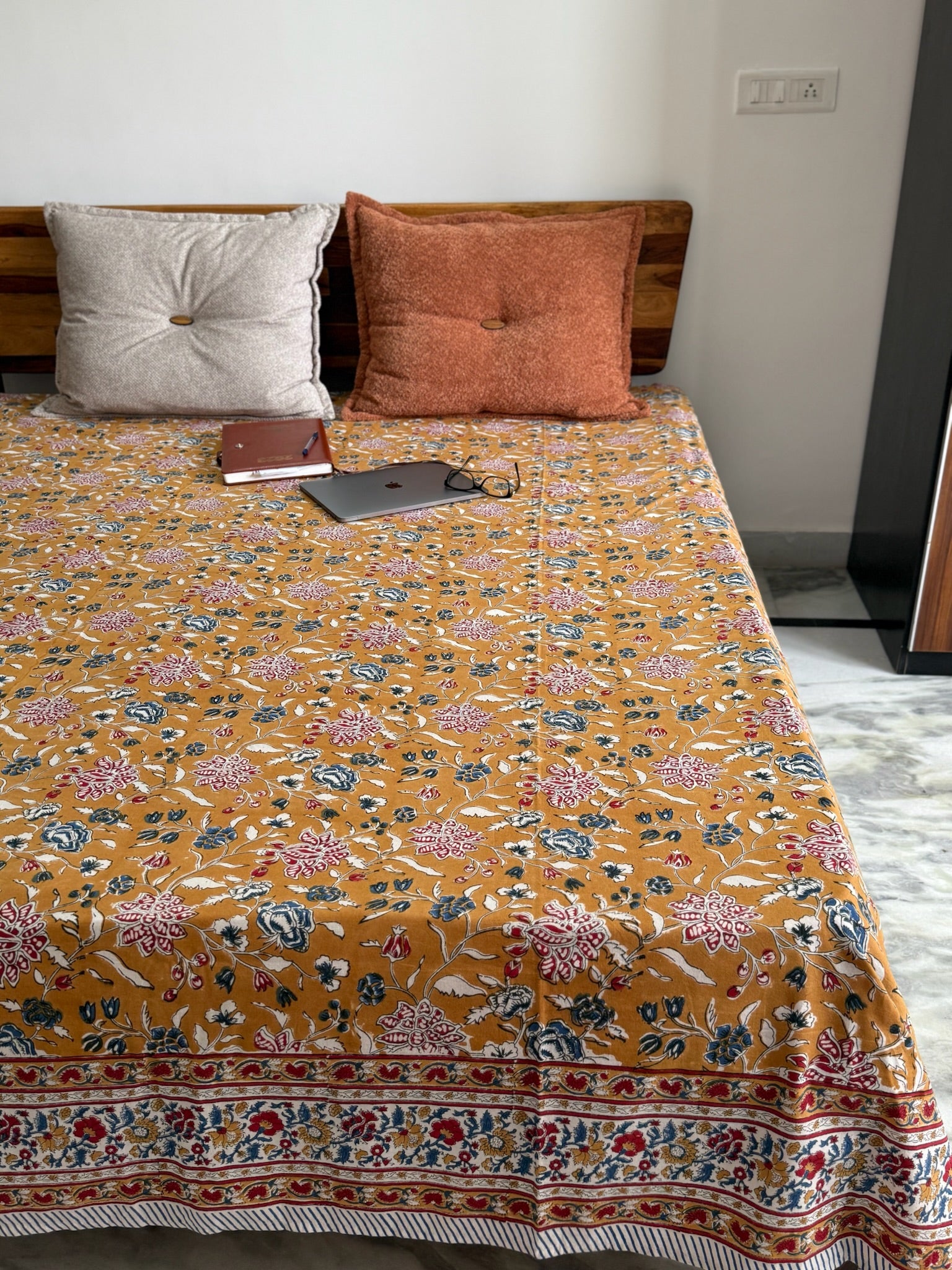 Hand Block Printed Mustard Floral Cotton Bedsheet with Red & Blue Border