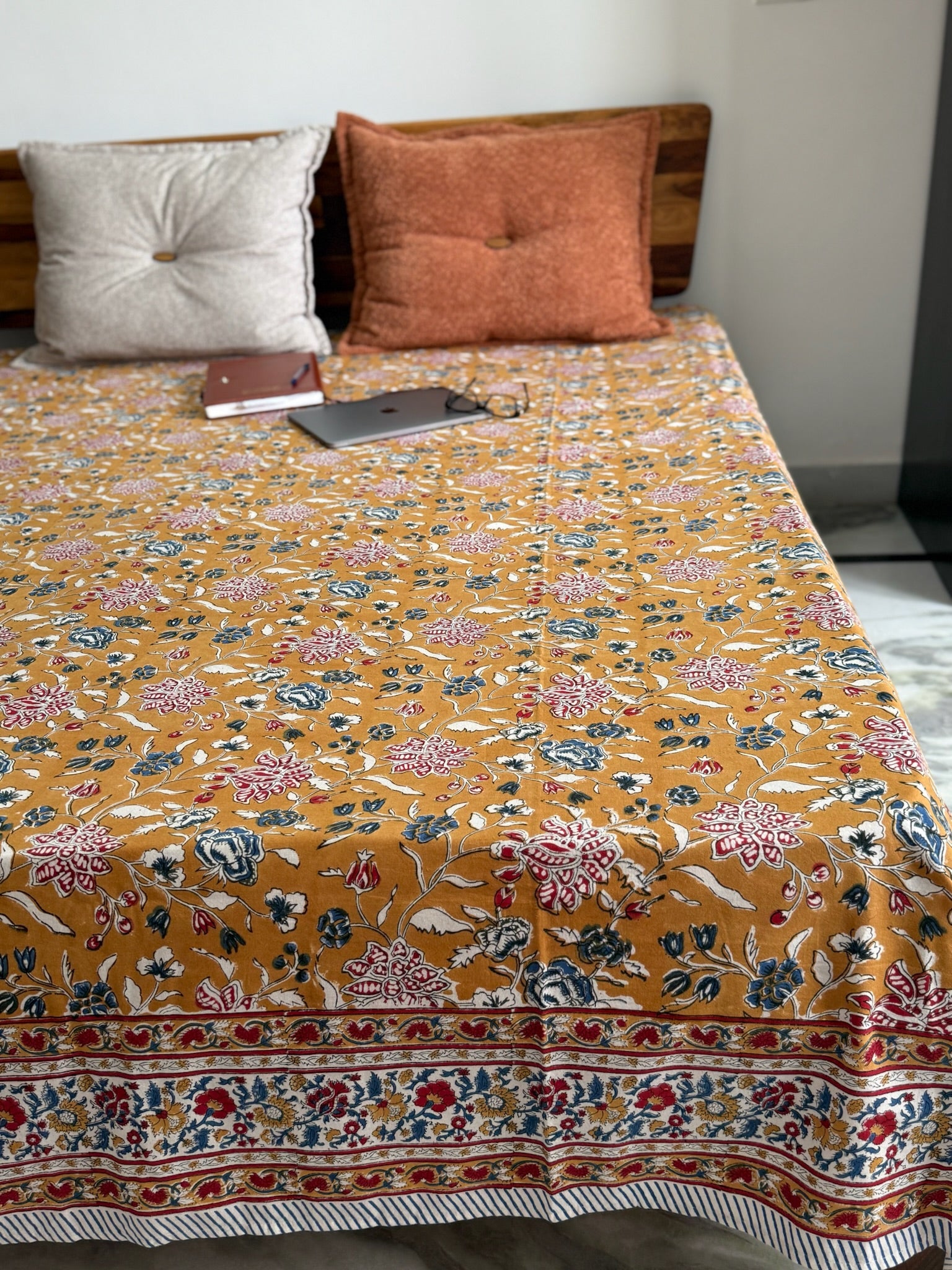 Hand Block Printed Mustard Floral Cotton Bedsheet with Red & Blue Border