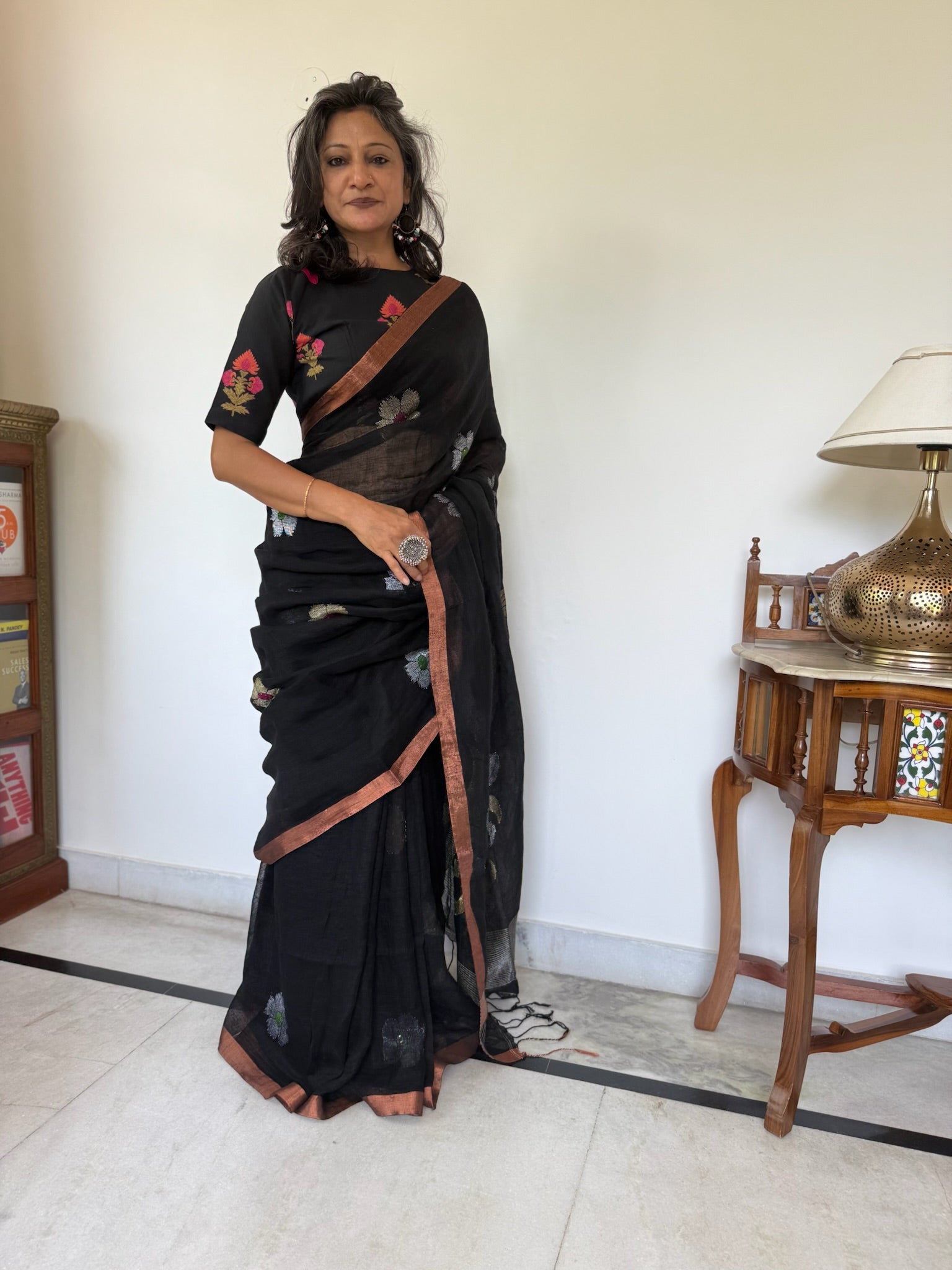 Black With A Copper-Brown Border Linen Saree