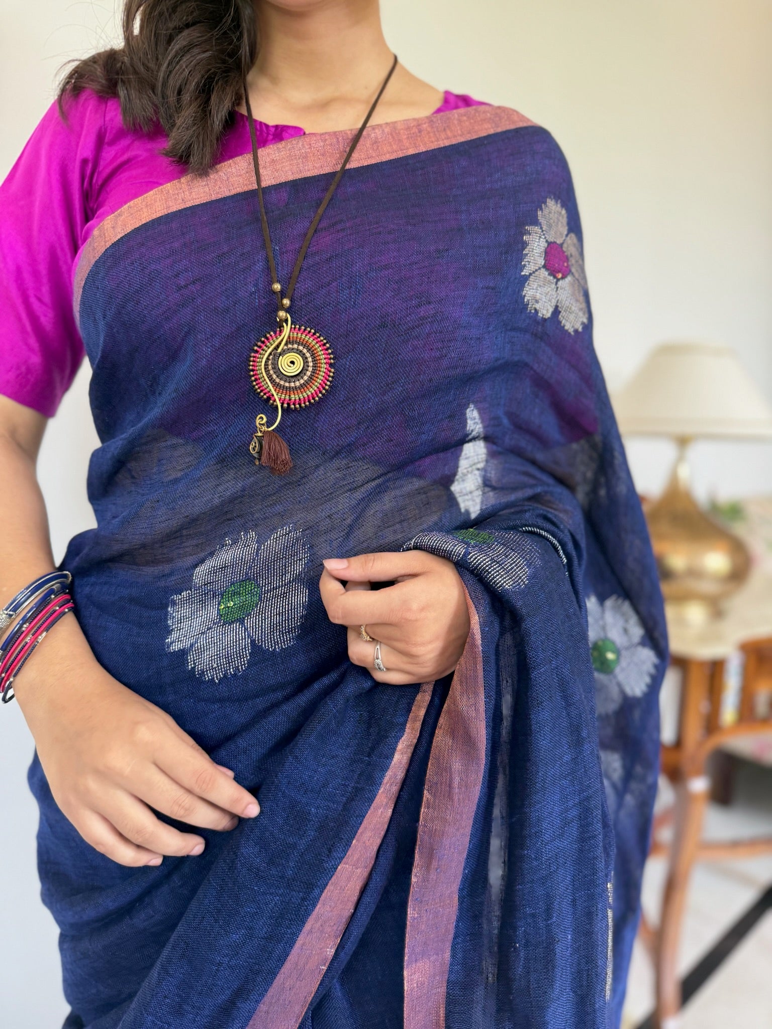 Navy Blue With Silver Zari Weave Handloom Linen Saree