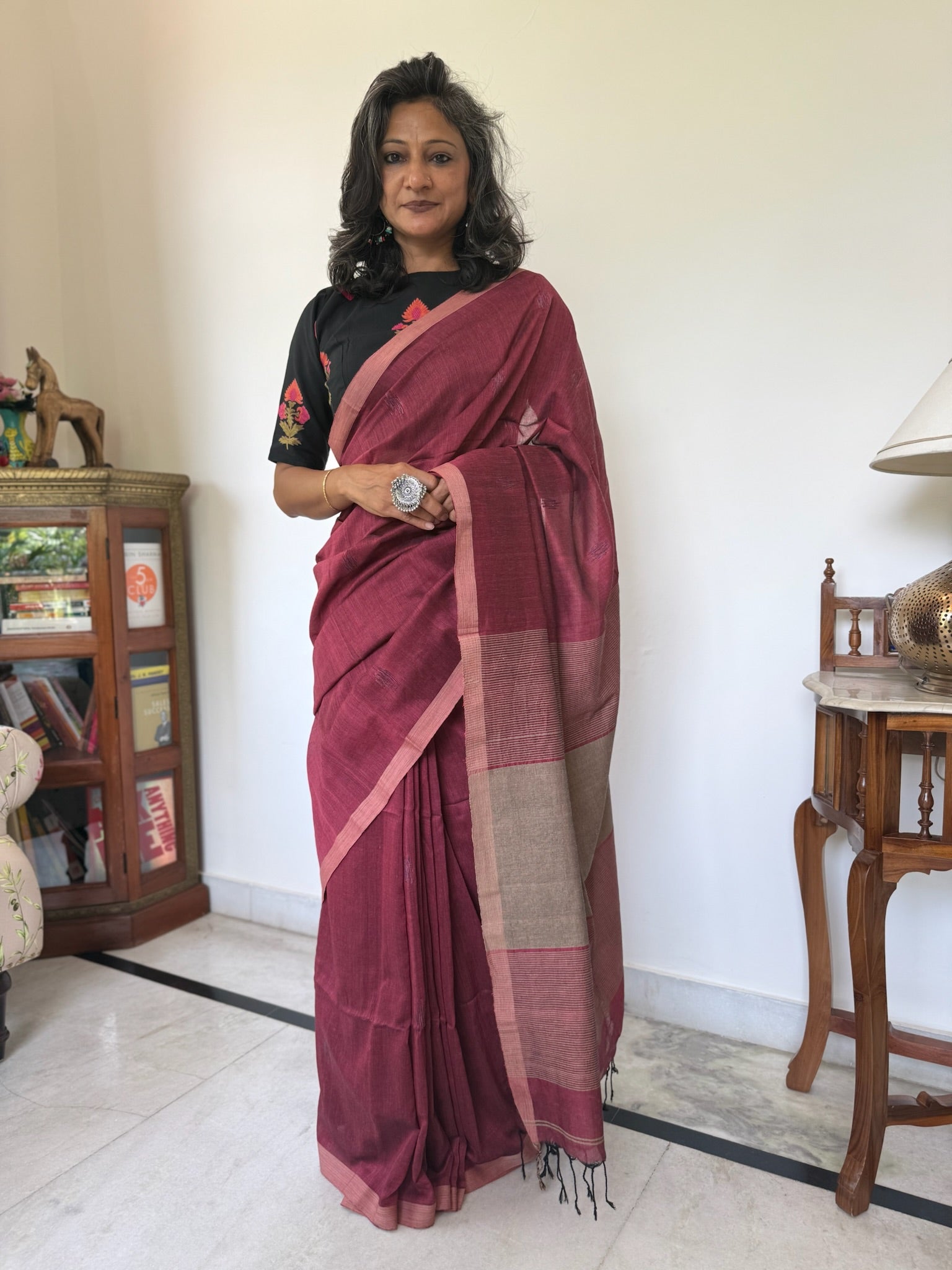 Elegant Wine & Beige Cotton Saree with Black Tassels