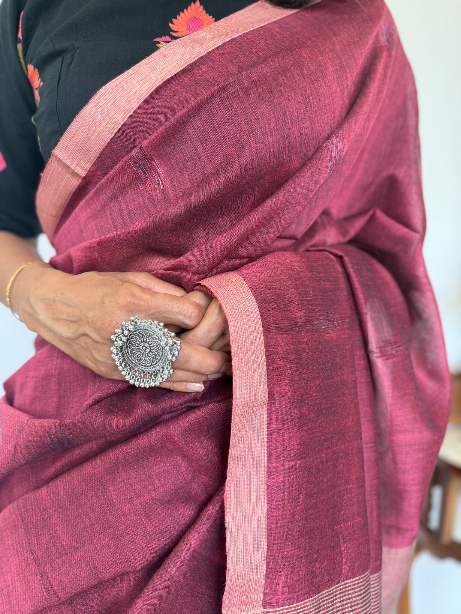 Elegant Wine & Beige Cotton Saree with Black Tassels