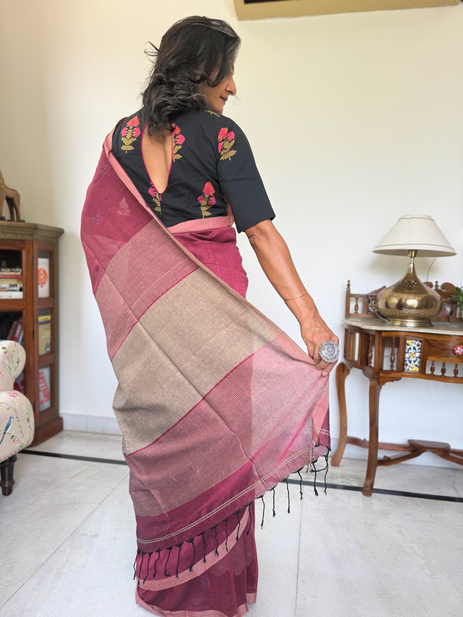 Elegant Wine & Beige Cotton Saree with Black Tassels