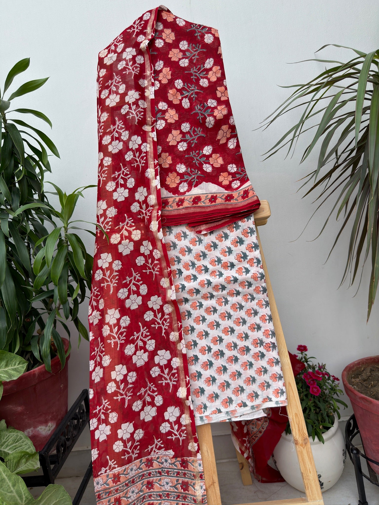 Crimson Red Handblock Chanderi Silk Suit Set with Peach and White Floral Prints