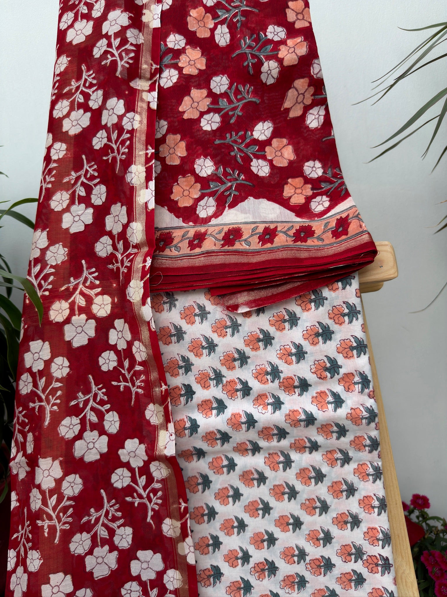 Crimson Red Handblock Chanderi Silk Suit Set with Peach and White Floral Prints