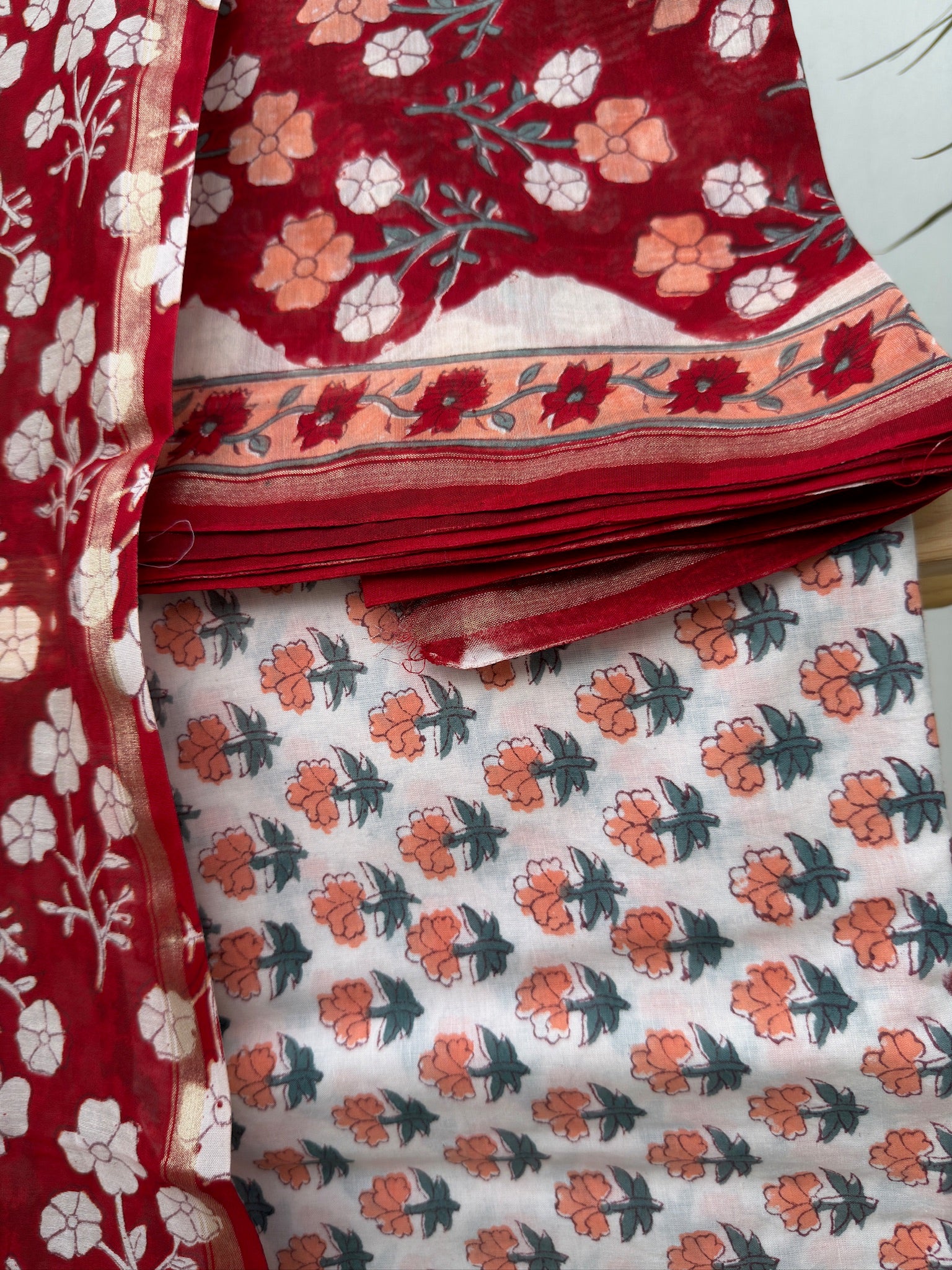 Crimson Red Handblock Chanderi Silk Suit Set with Peach and White Floral Prints