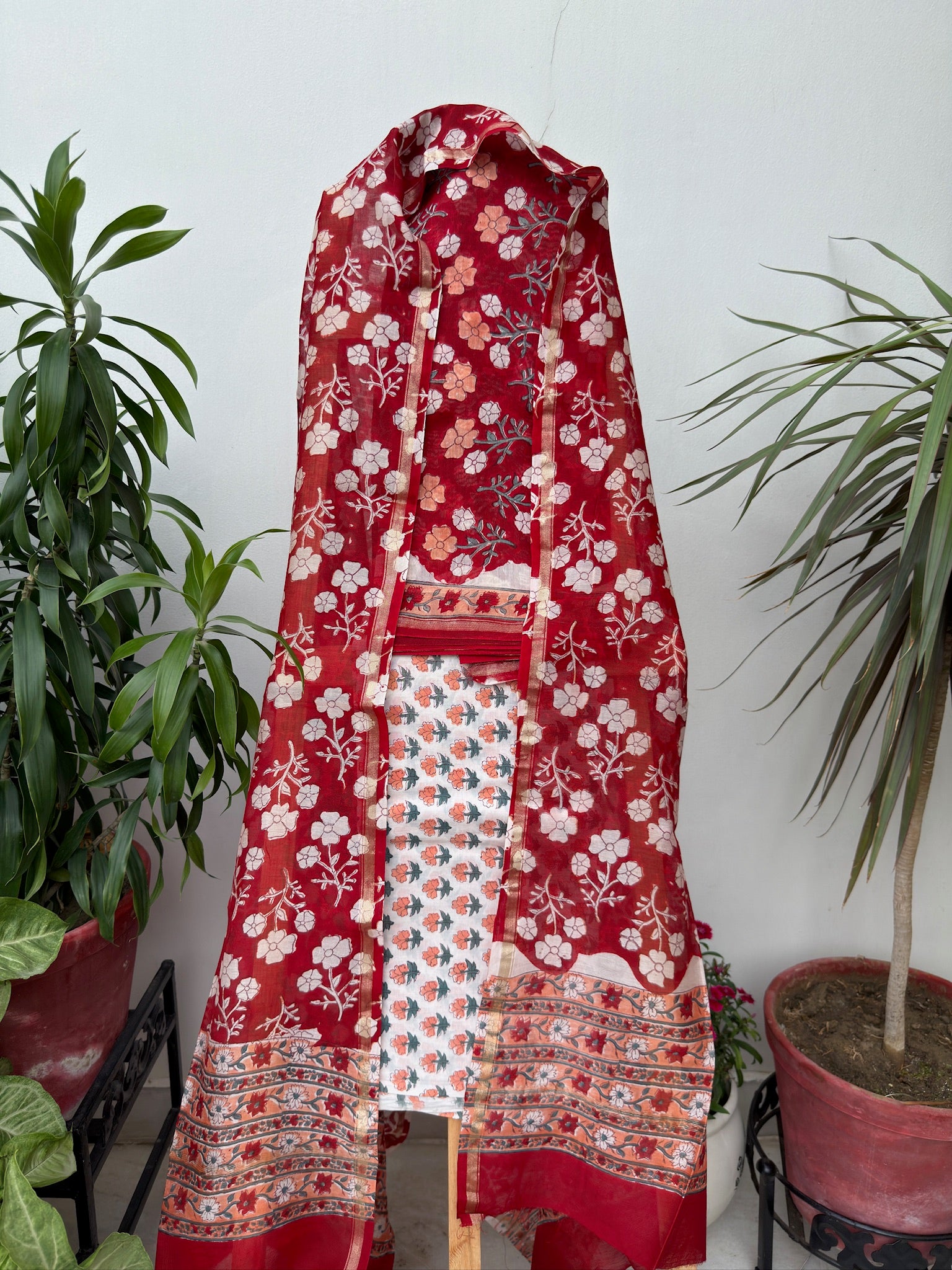 Crimson Red Handblock Chanderi Silk Suit Set with Peach and White Floral Prints