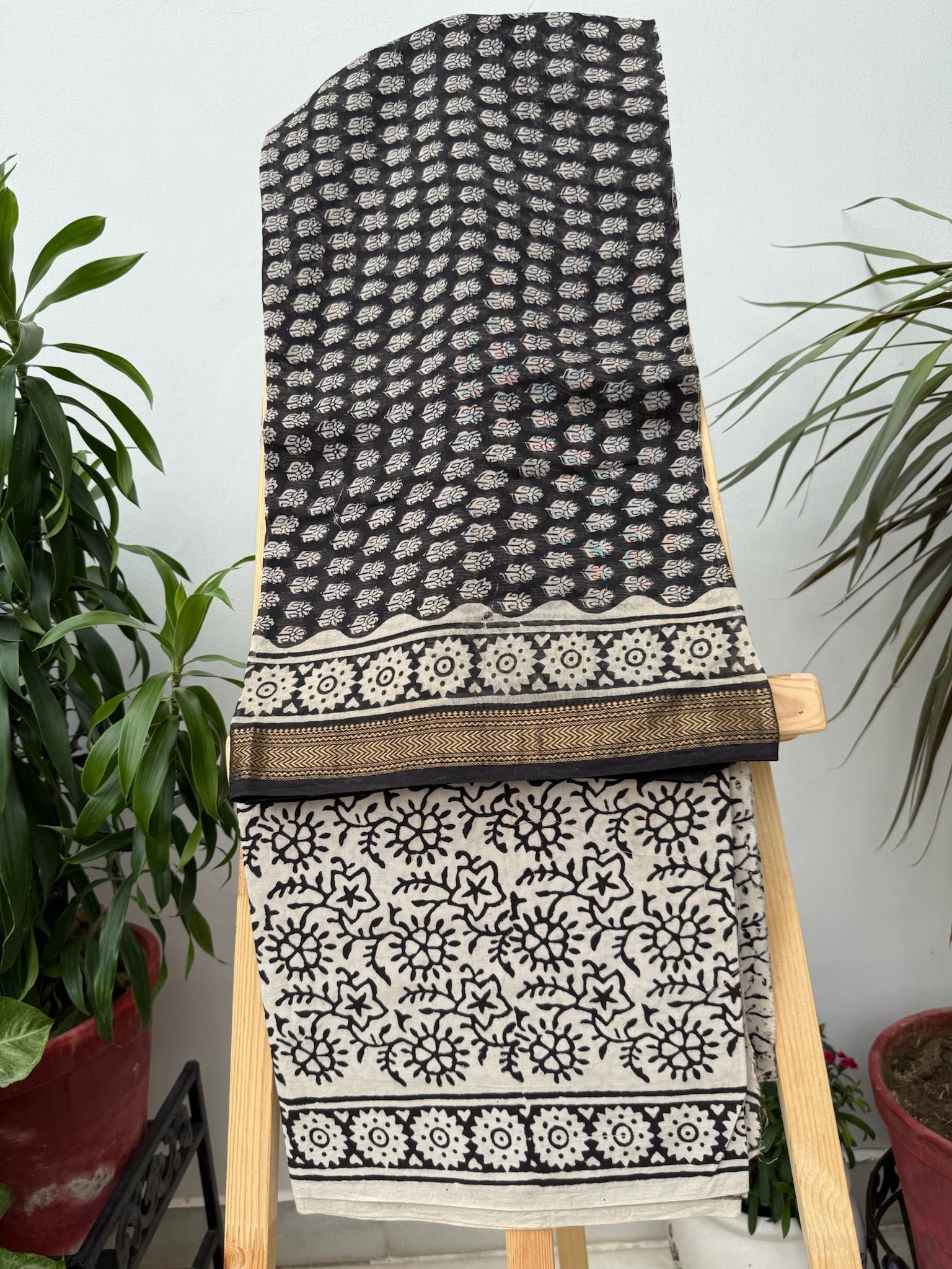 Black and Beige Hand block Maheshwari cotton silk Suit Set with Intricate Traditional motifs