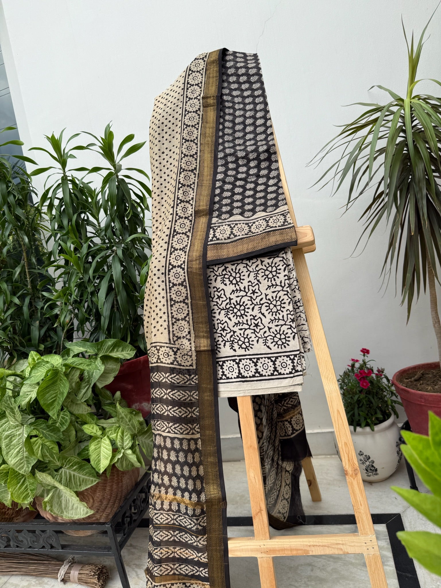 Black and Beige Hand block Maheshwari cotton silk Suit Set with Intricate Traditional motifs