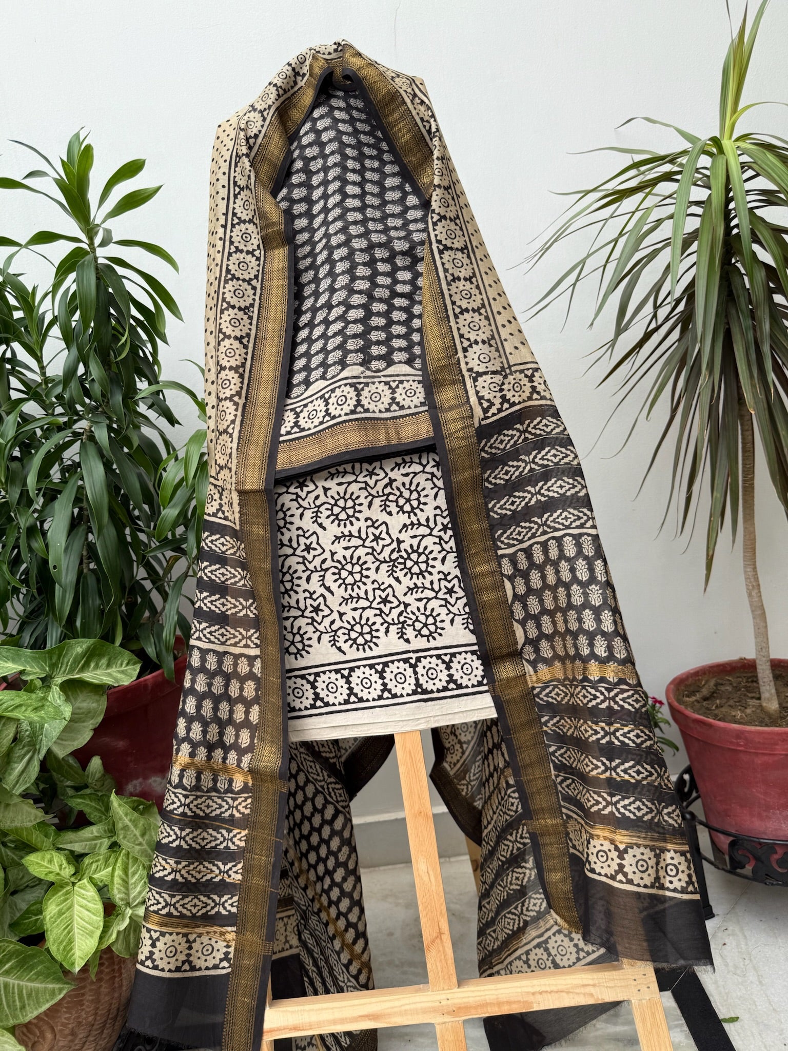 Black and Beige Hand block Maheshwari cotton silk Suit Set with Intricate Traditional motifs