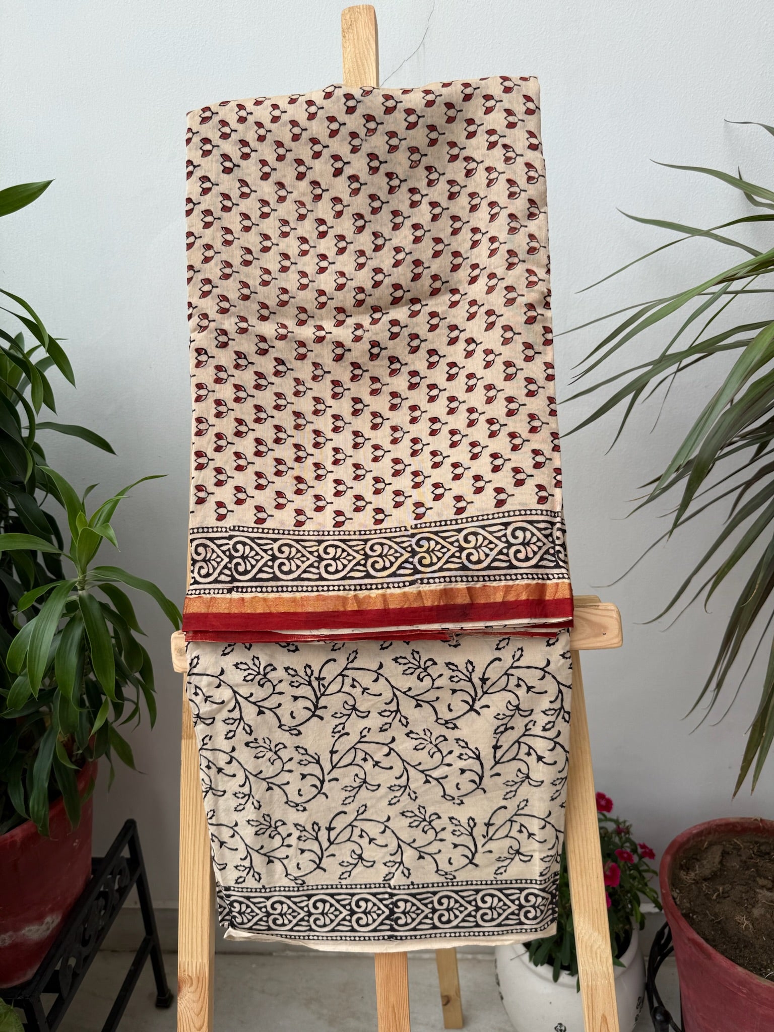 Beige and Maroon Handblock Chanderi Silk Suit Set with Paisley and Floral Prints
