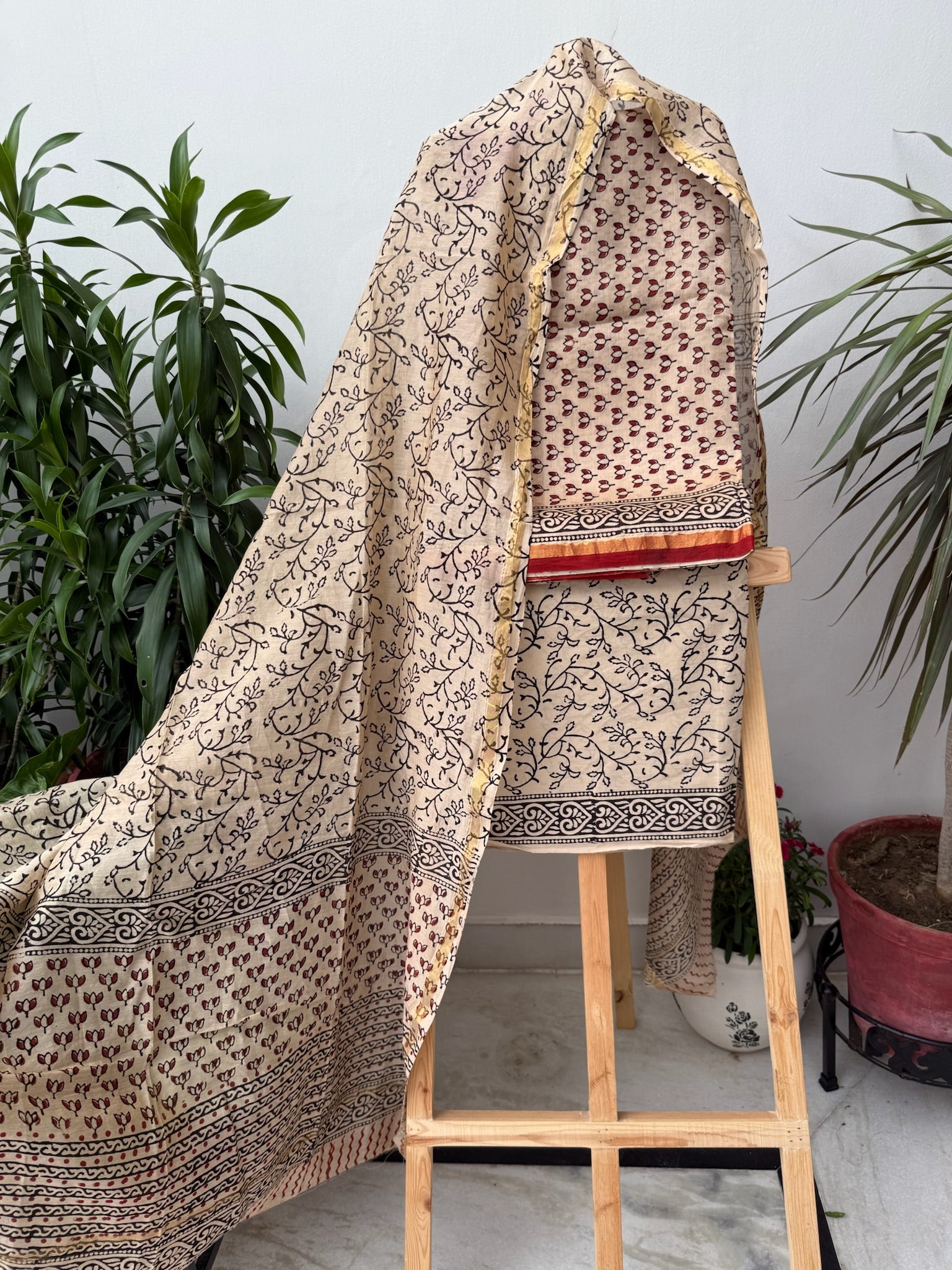 Beige and Maroon Handblock Chanderi Silk Suit Set with Paisley and Floral Prints