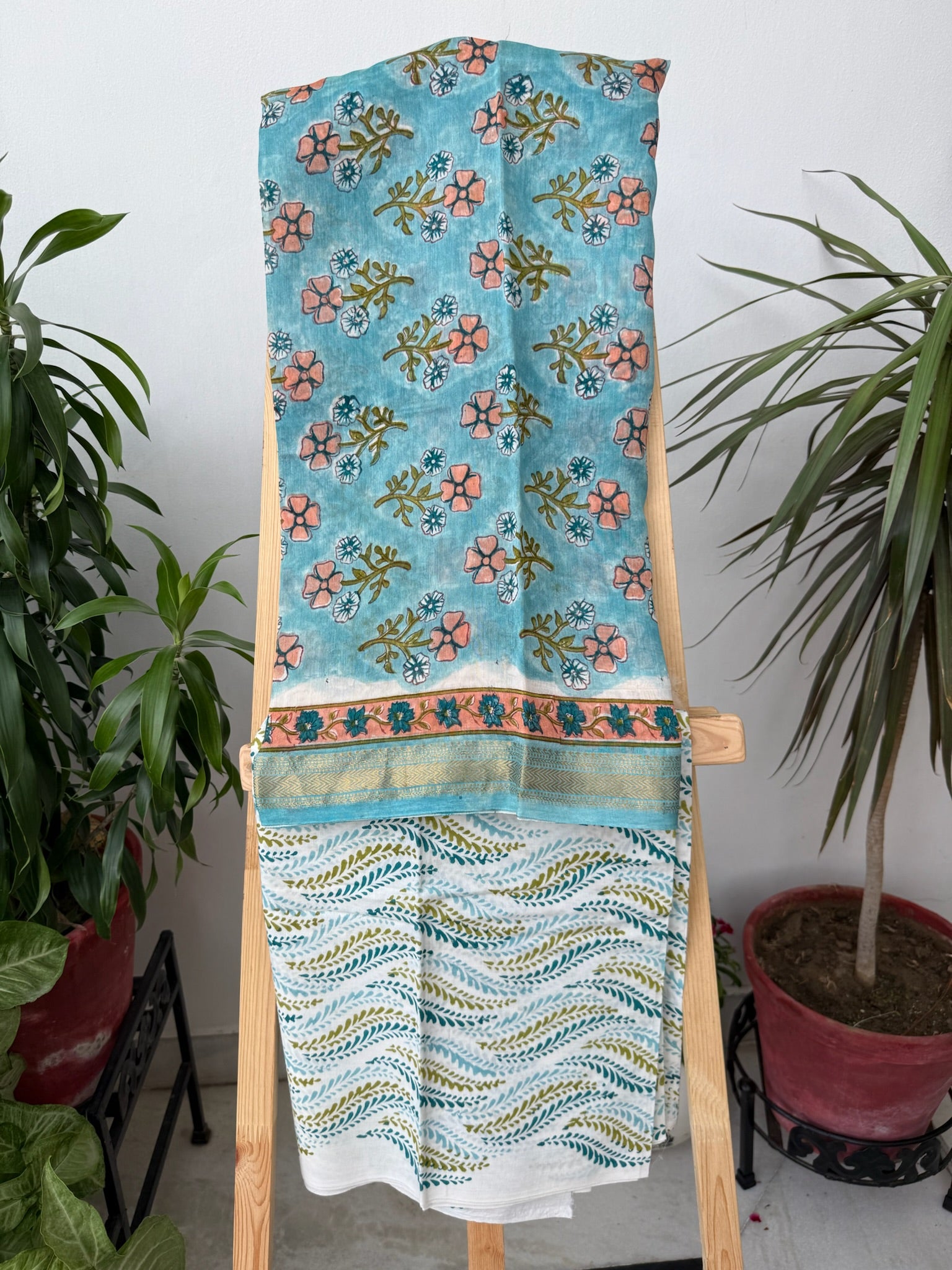 Aqua Blue Hand block Maheshwari Cotton Silk Suit Set with Peach Floral prints