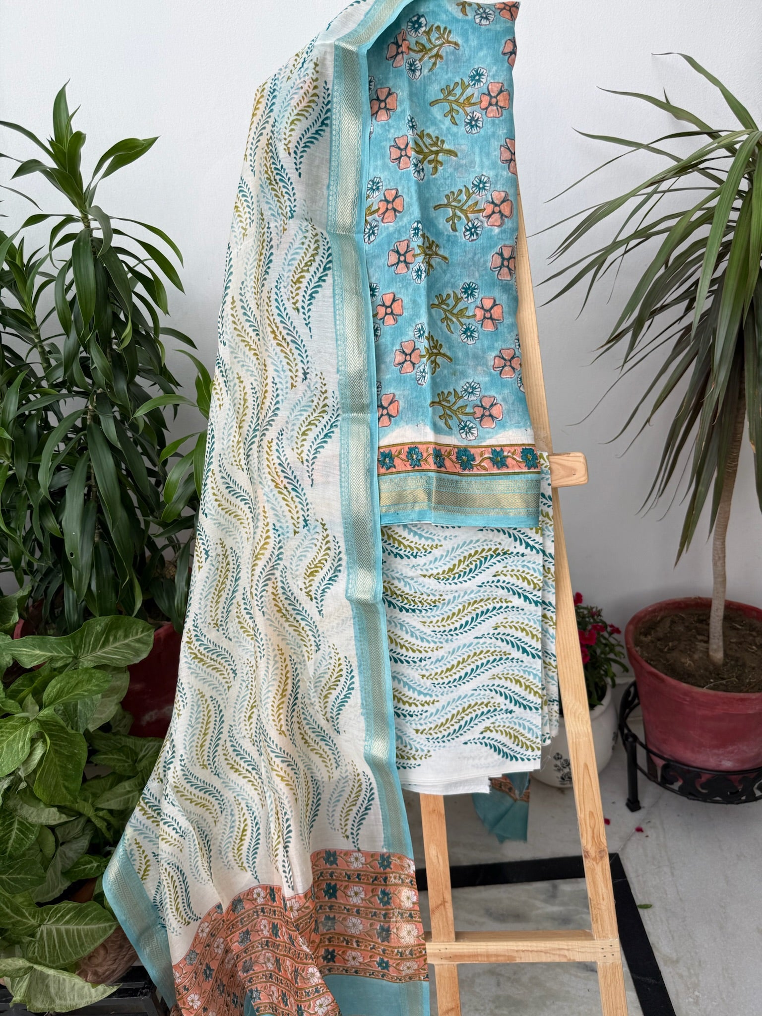 Aqua Blue Hand block Maheshwari Cotton Silk Suit Set with Peach Floral prints