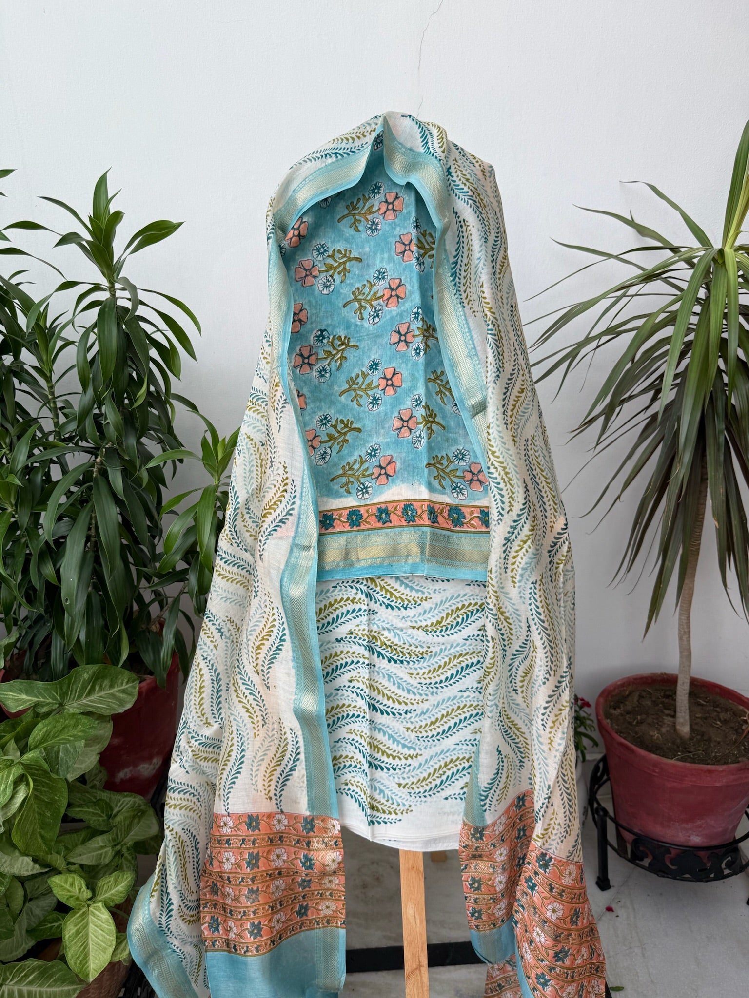 Aqua Blue Hand block Maheshwari Cotton Silk Suit Set with Peach Floral prints