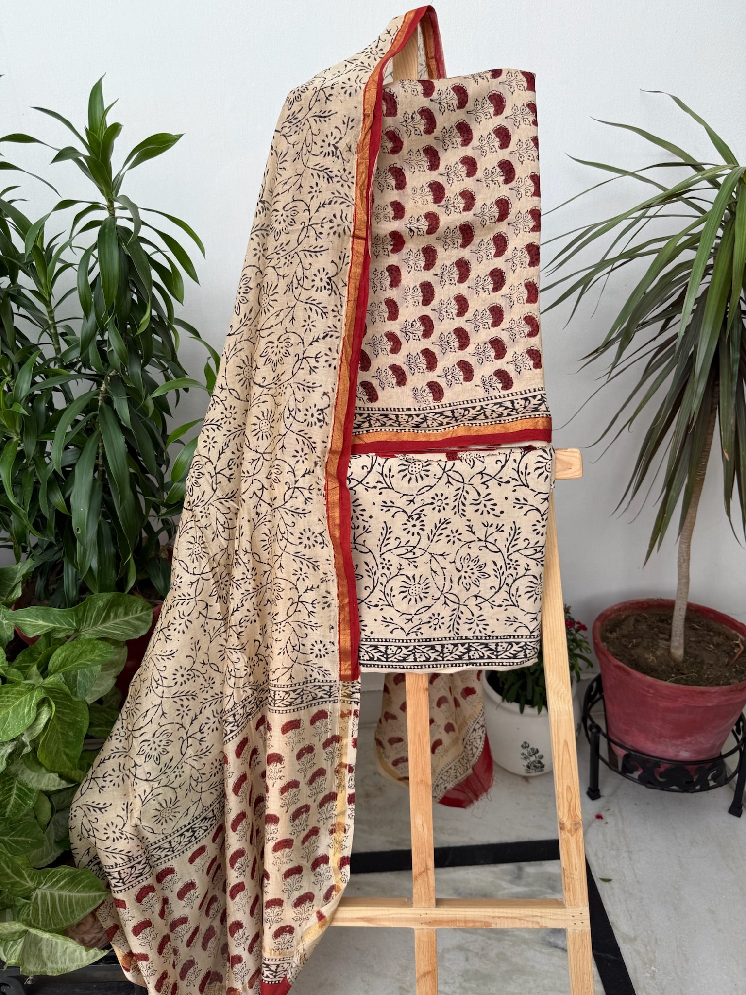 Beige and Maroon Handblock Chanderi Silk Suit Set with Paisley and Floral Prints