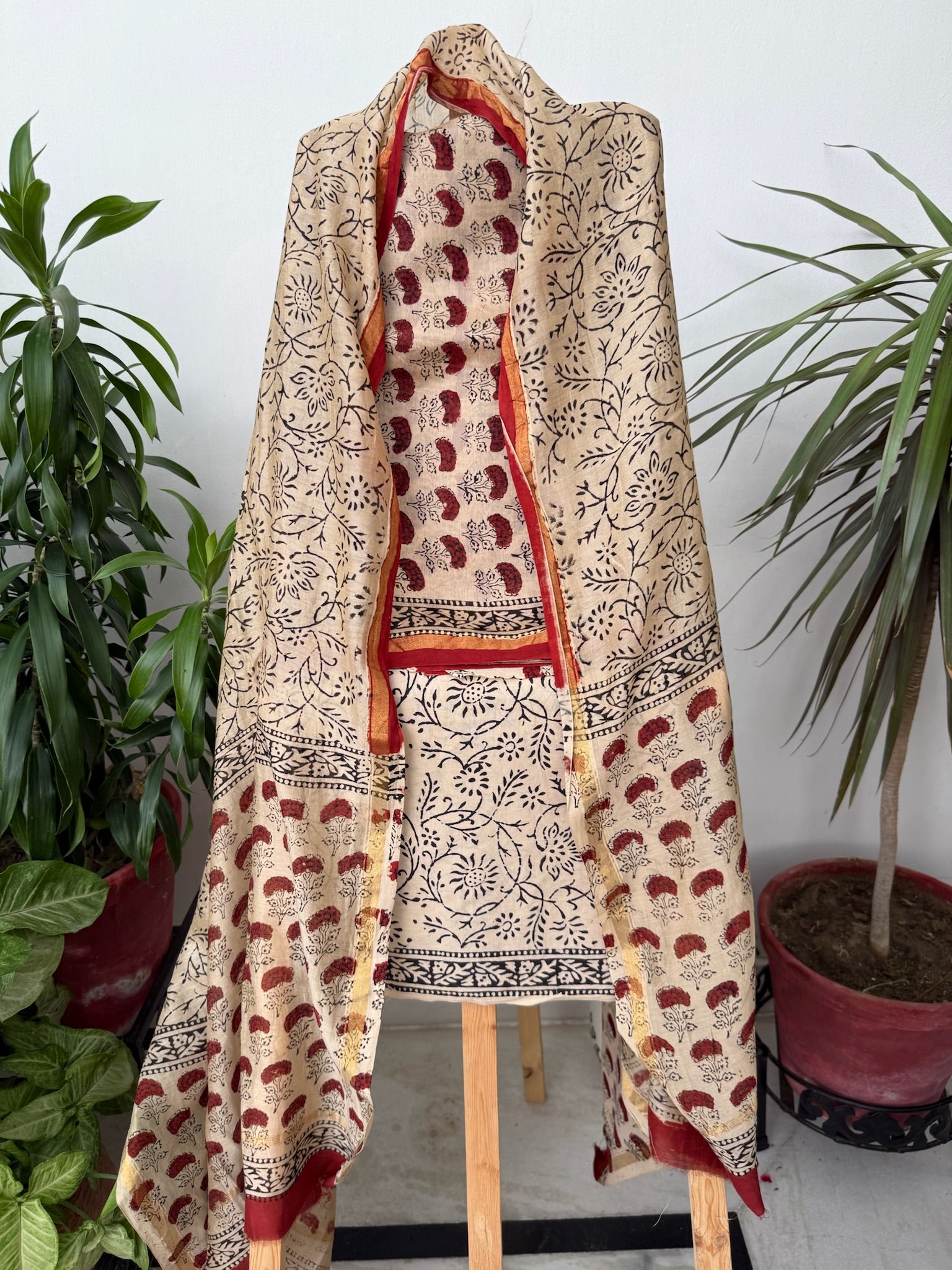 Beige and Maroon Handblock Chanderi Silk Suit Set with Paisley and Floral Prints