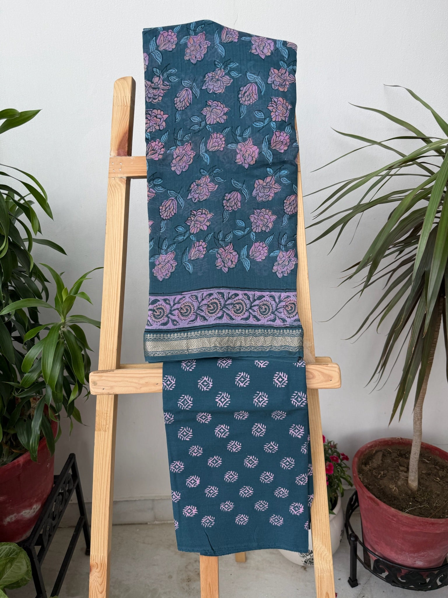 Rustic Blue Handblock Maheshwari Cotton Silk Suit Set with Purple Floral Motifs
