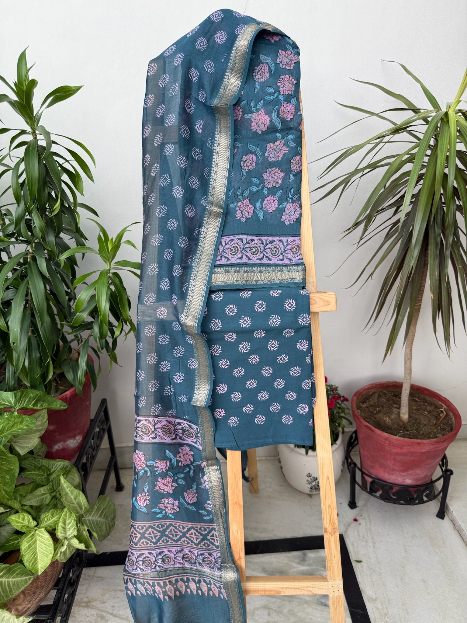 Rustic Blue Handblock Maheshwari Cotton Silk Suit Set with Purple Floral Motifs