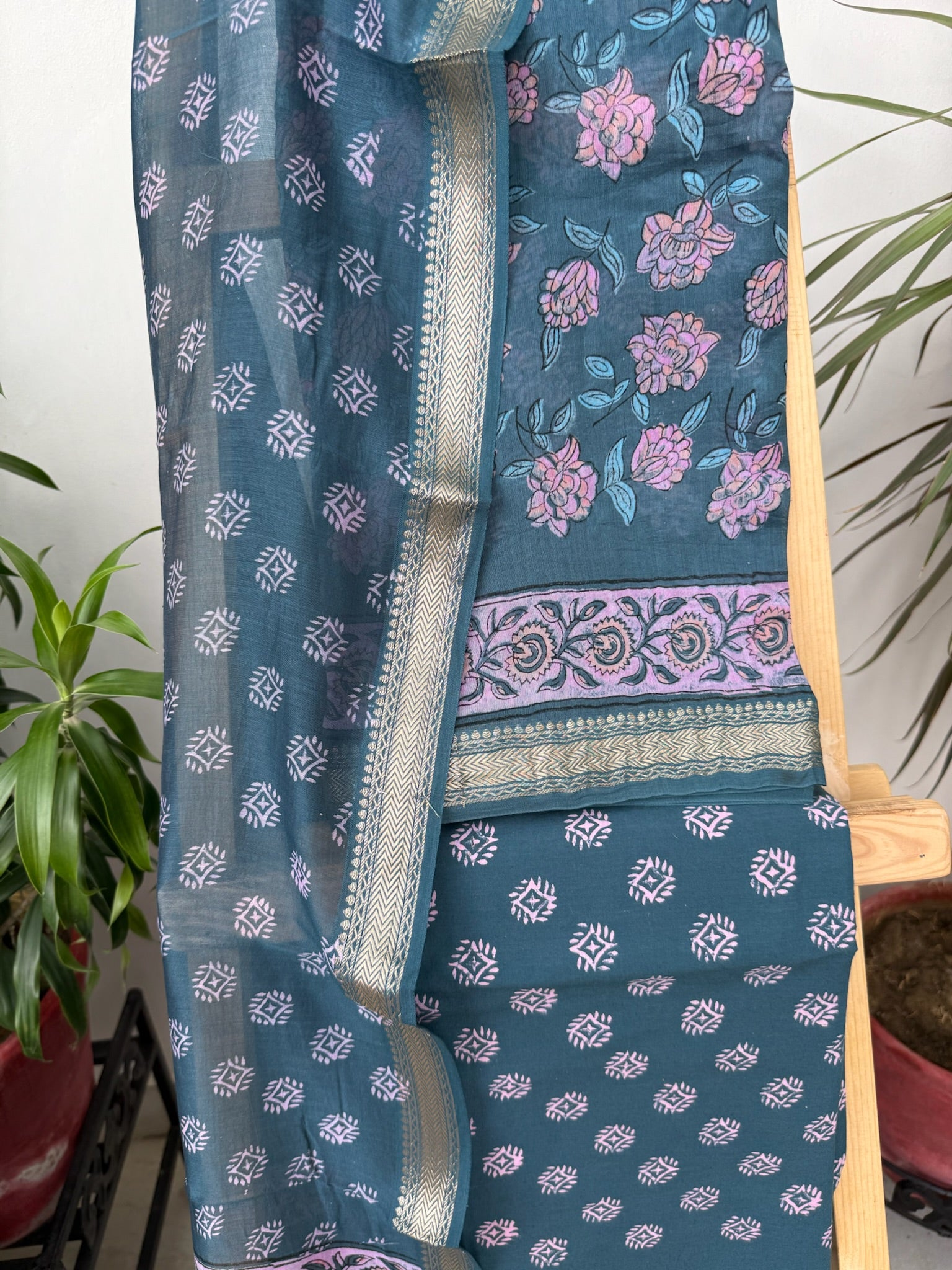 Rustic Blue Handblock Maheshwari Cotton Silk Suit Set with Purple Floral Motifs