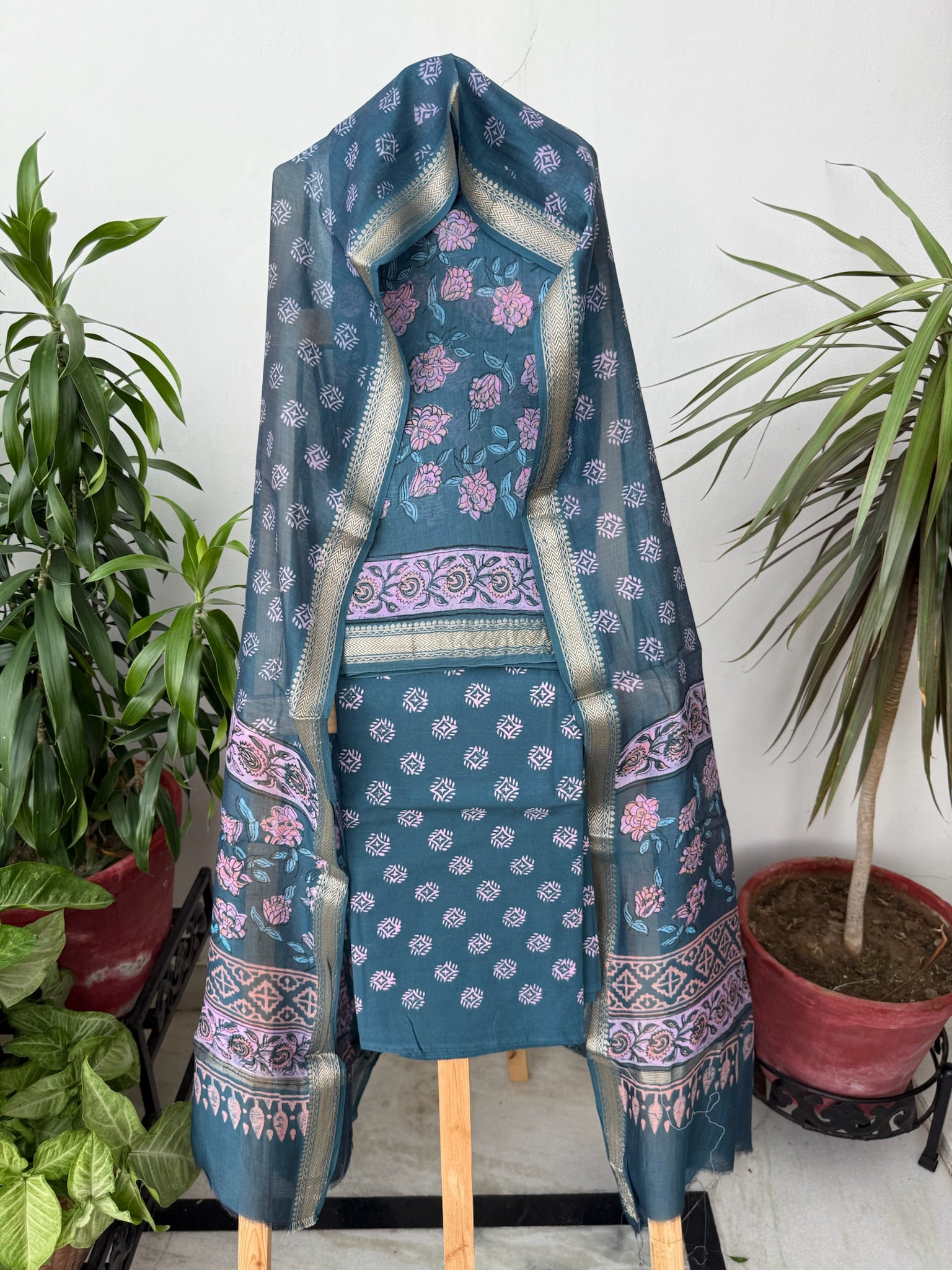 Rustic Blue Handblock Maheshwari Cotton Silk Suit Set with Purple Floral Motifs