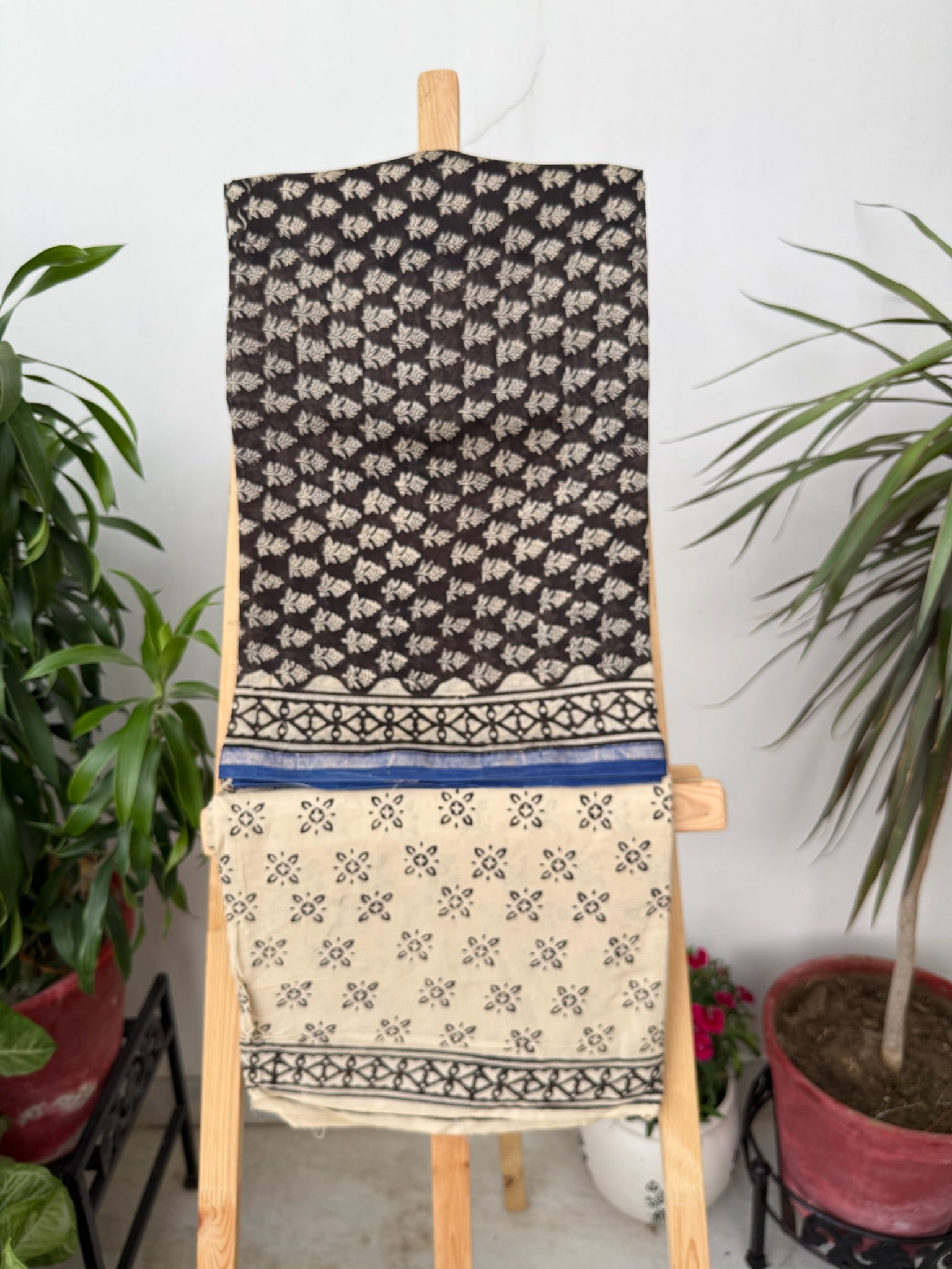 Black and Beige Handblock Chanderi Cotton Silk Suit Set with Geometric and Floral Prints