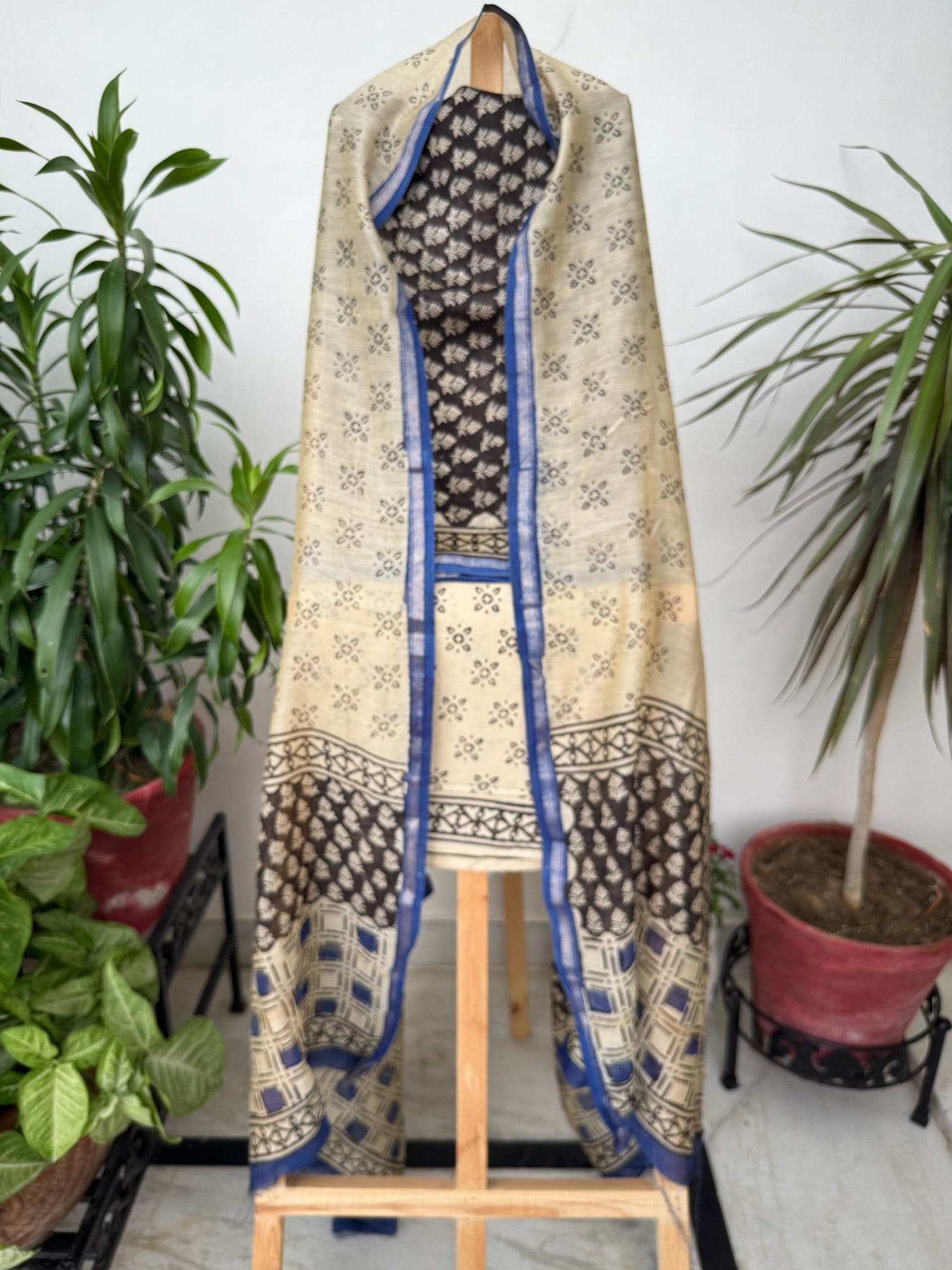 Black and Beige Handblock Chanderi Cotton Silk Suit Set with Geometric and Floral Prints