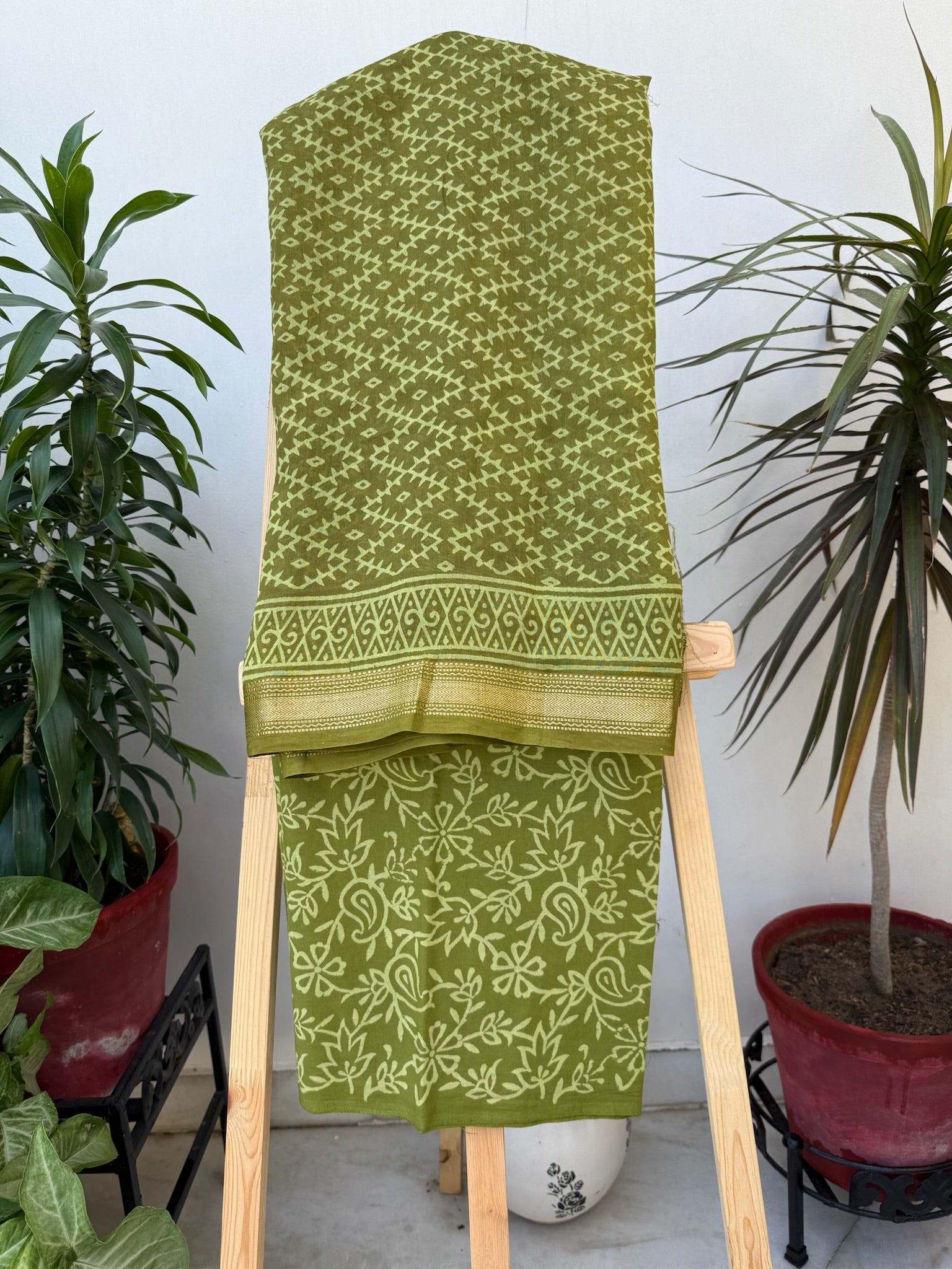 Olive Green Hand block Maheshwari Cotton Silk Suit Set with Geometric and Floral Patterns