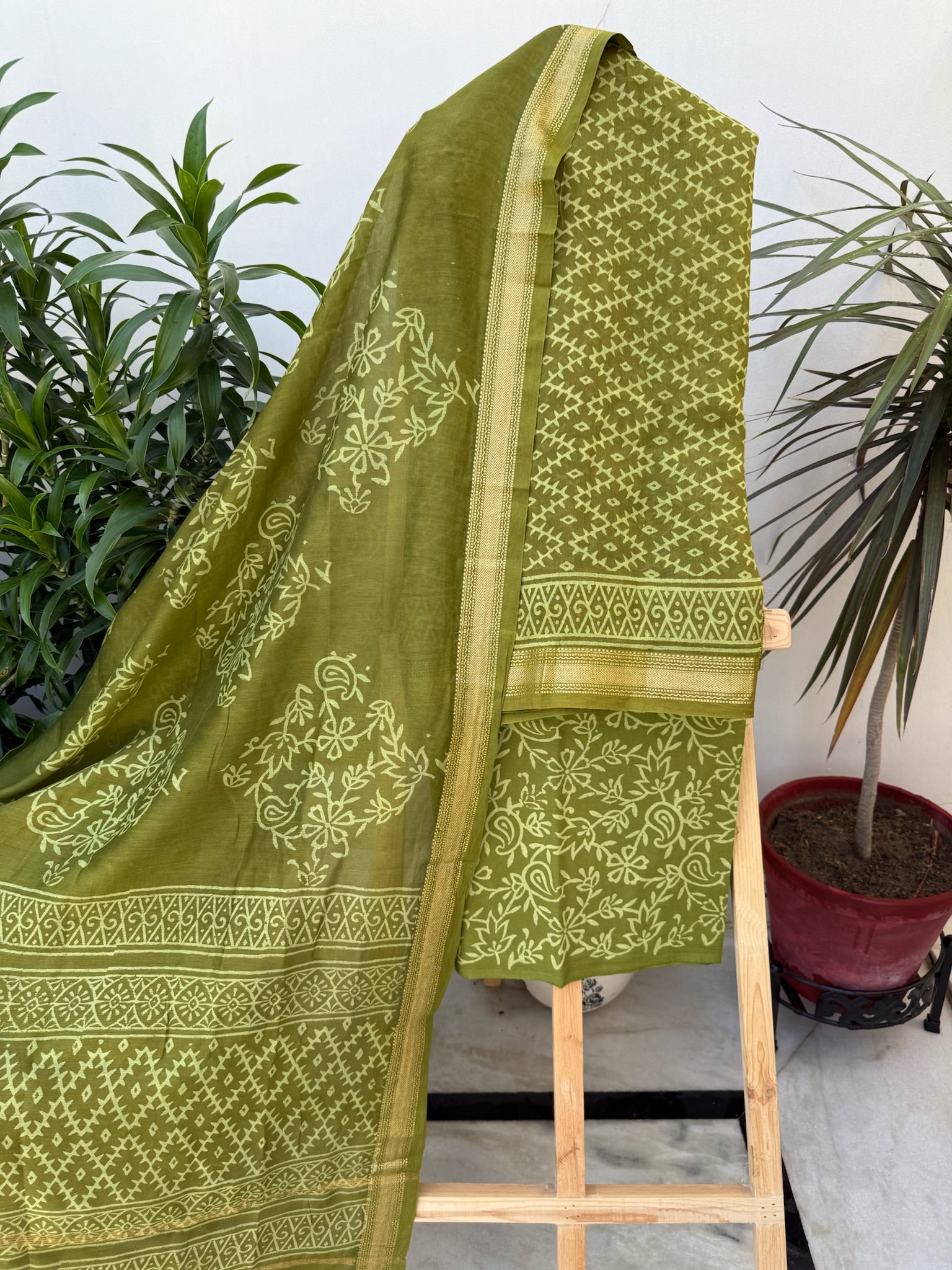 Olive Green Hand block Maheshwari Cotton Silk Suit Set with Geometric and Floral Patterns