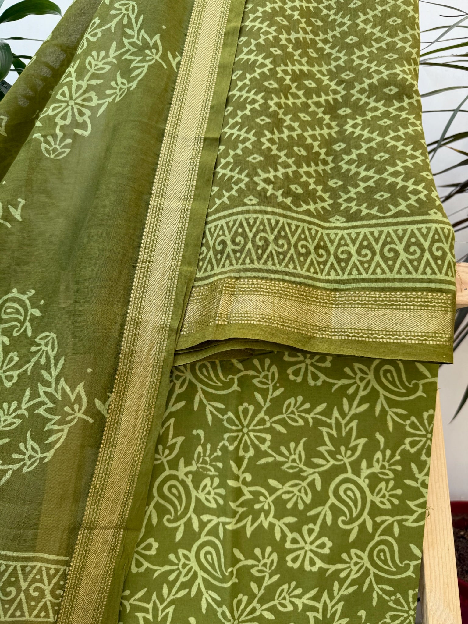 Olive Green Hand block Maheshwari Cotton Silk Suit Set with Geometric and Floral Patterns
