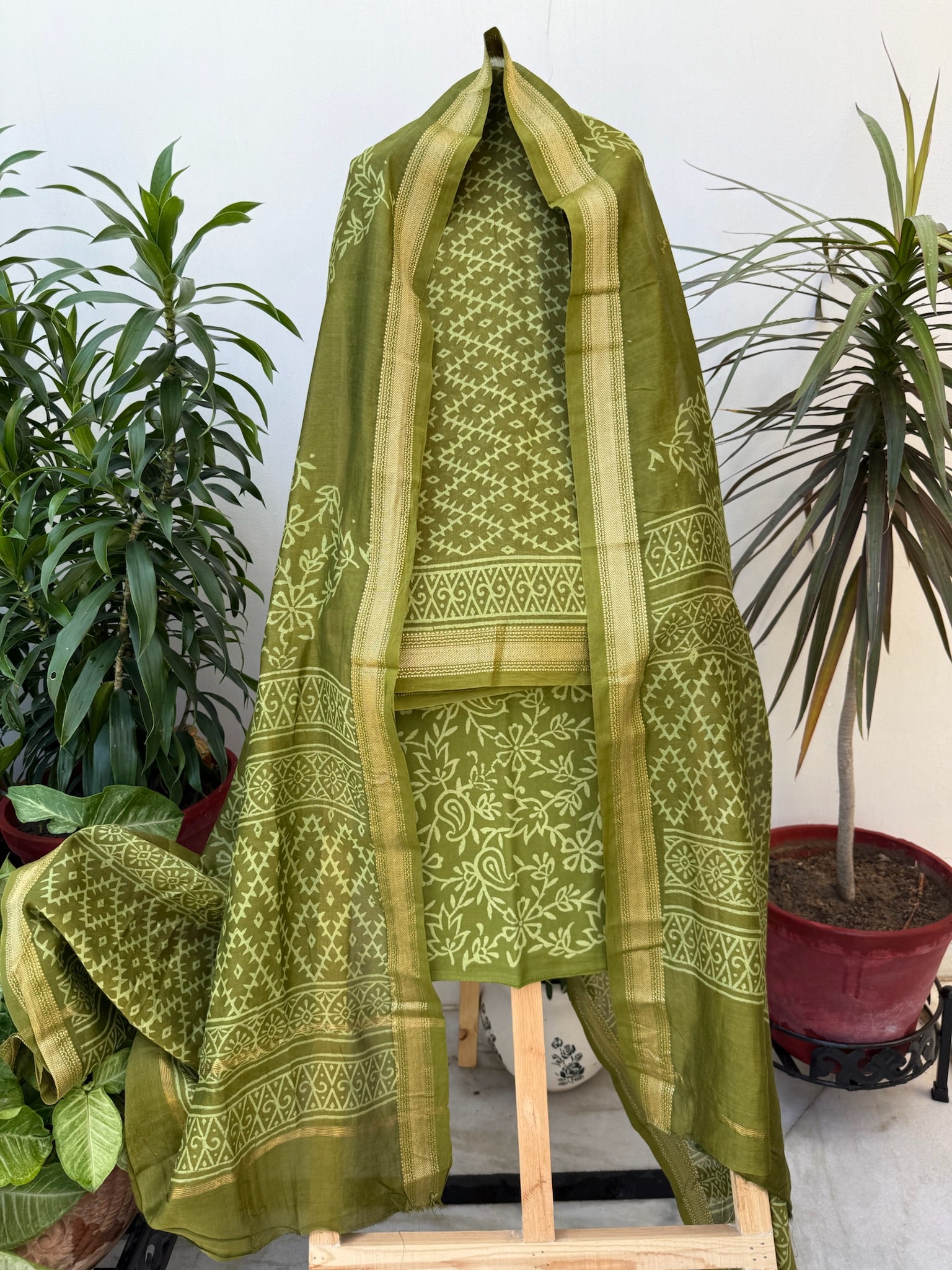 Olive Green Hand block Maheshwari Cotton Silk Suit Set with Geometric and Floral Patterns