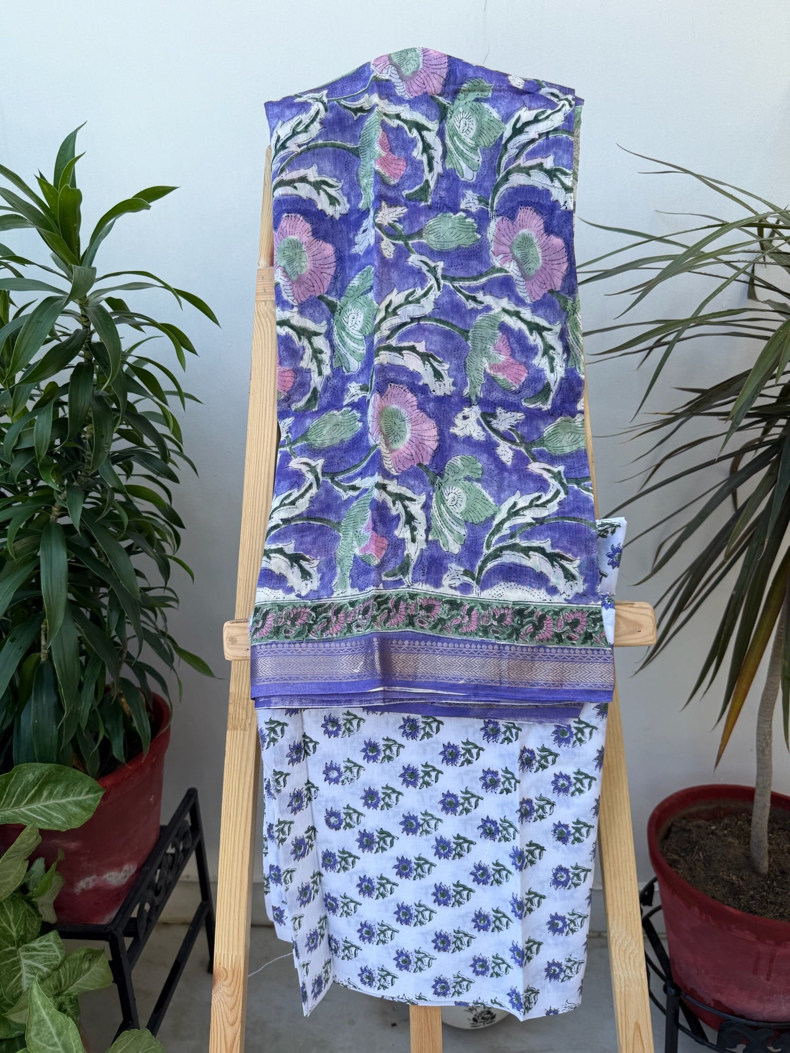 Royal Purple Handblock Maheshwari Cotton Silk Suit Set with Floral print Dupatta