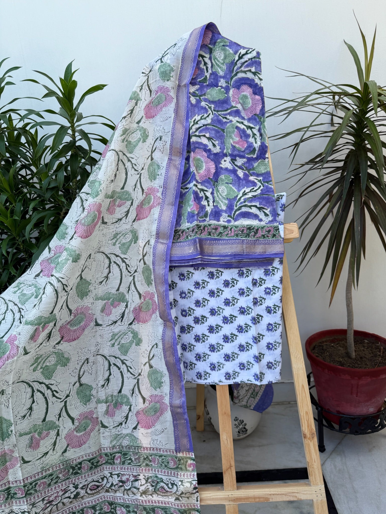 Royal Purple Handblock Maheshwari Cotton Silk Suit Set with Floral print Dupatta