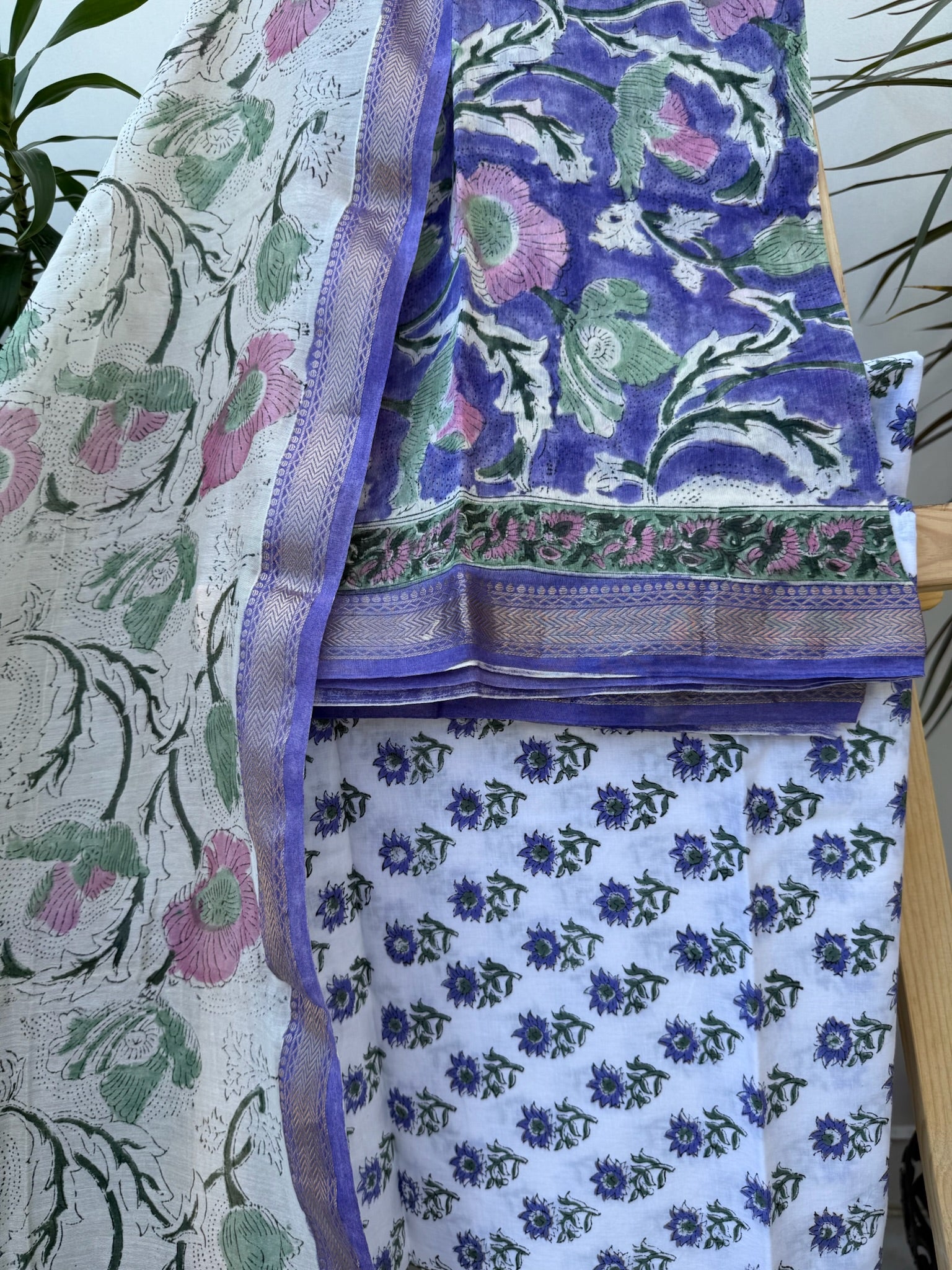Royal Purple Handblock Maheshwari Cotton Silk Suit Set with Floral print Dupatta