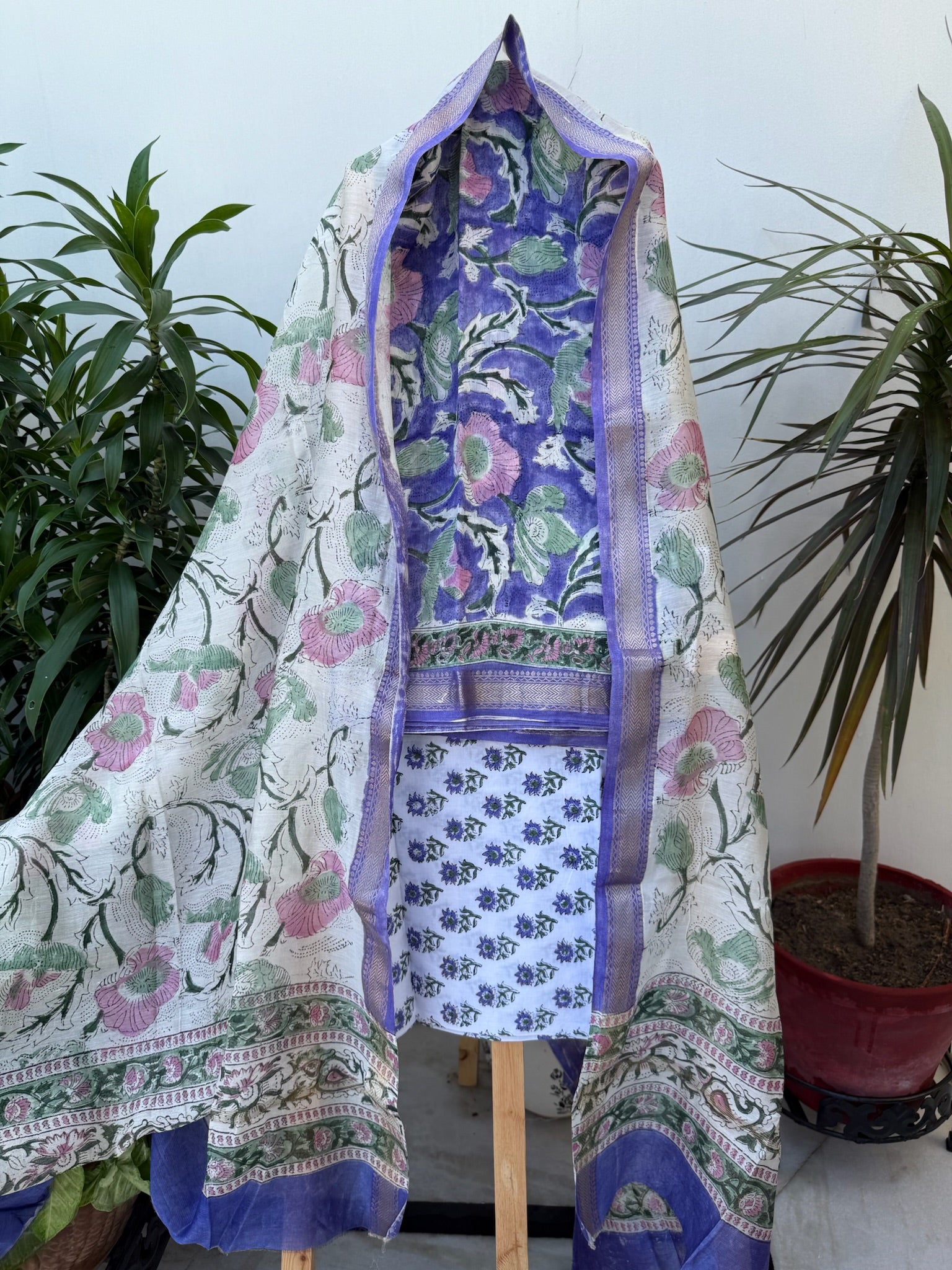 Royal Purple Handblock Maheshwari Cotton Silk Suit Set with Floral print Dupatta