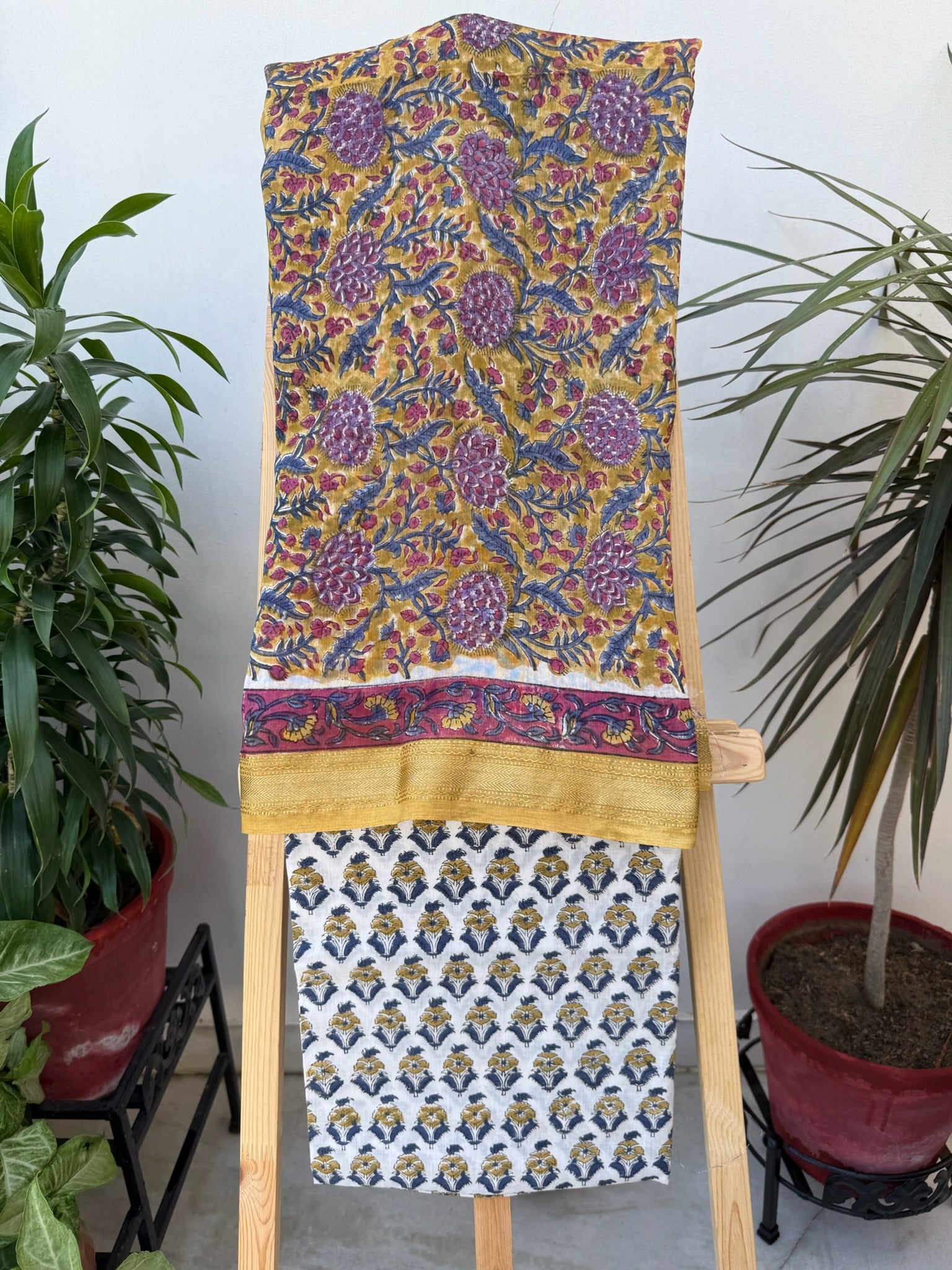 Mustard Purple Floral Handblock Maheshwari Cotton Silk Suit Set with Printed Dupatta