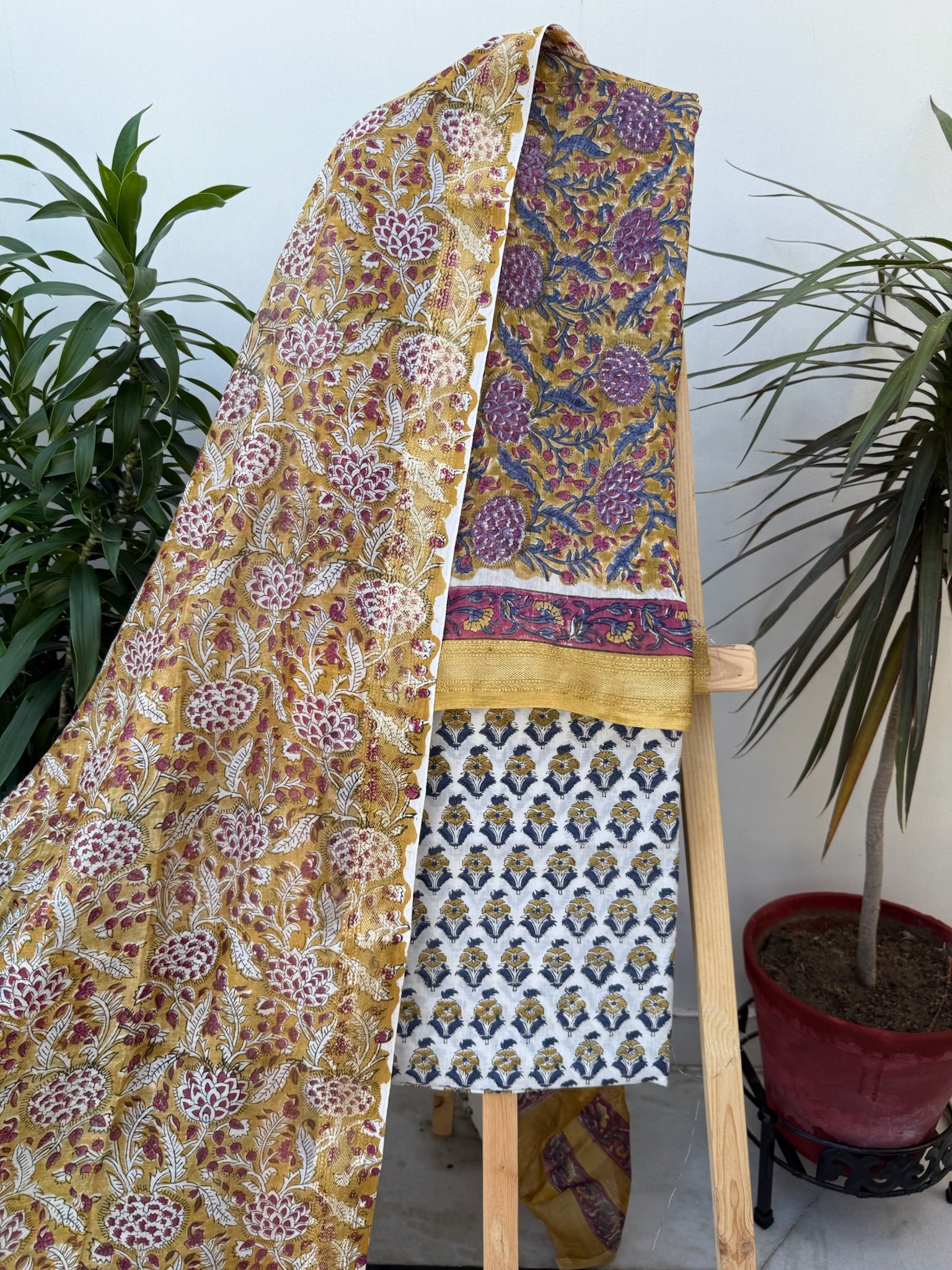 Mustard Purple Floral Handblock Maheshwari Cotton Silk Suit Set with Printed Dupatta
