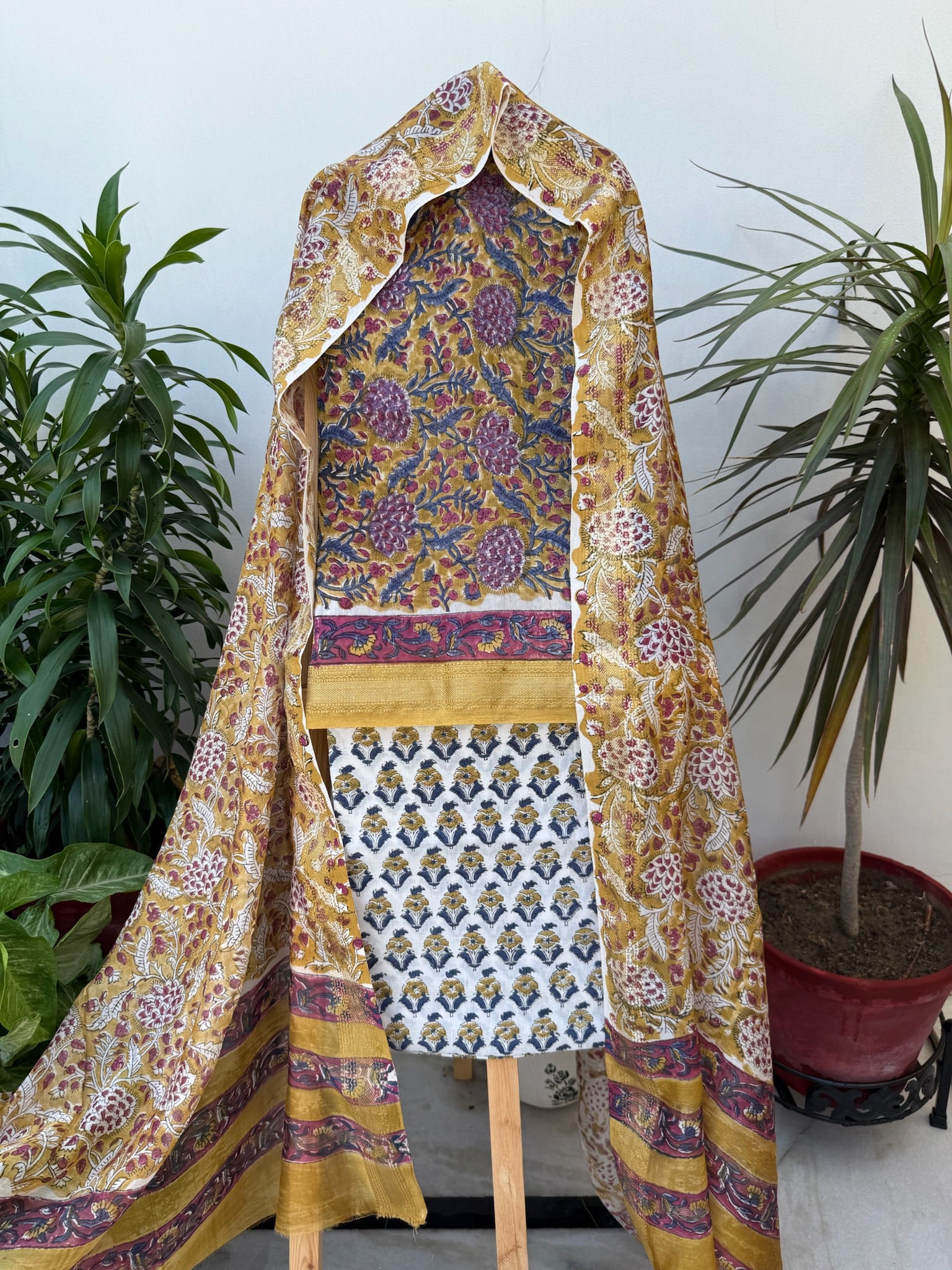 Mustard Purple Floral Handblock Maheshwari Cotton Silk Suit Set with Printed Dupatta