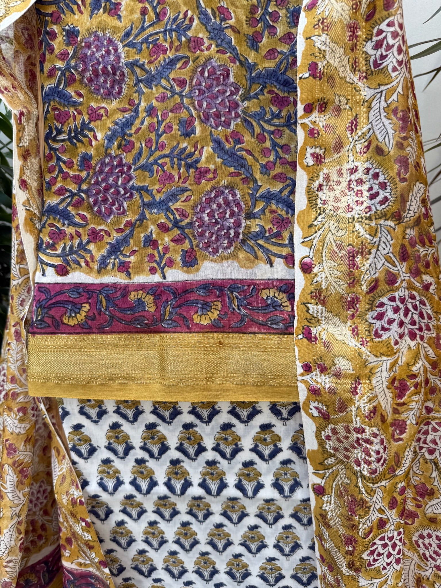 Mustard Purple Floral Handblock Maheshwari Cotton Silk Suit Set with Printed Dupatta