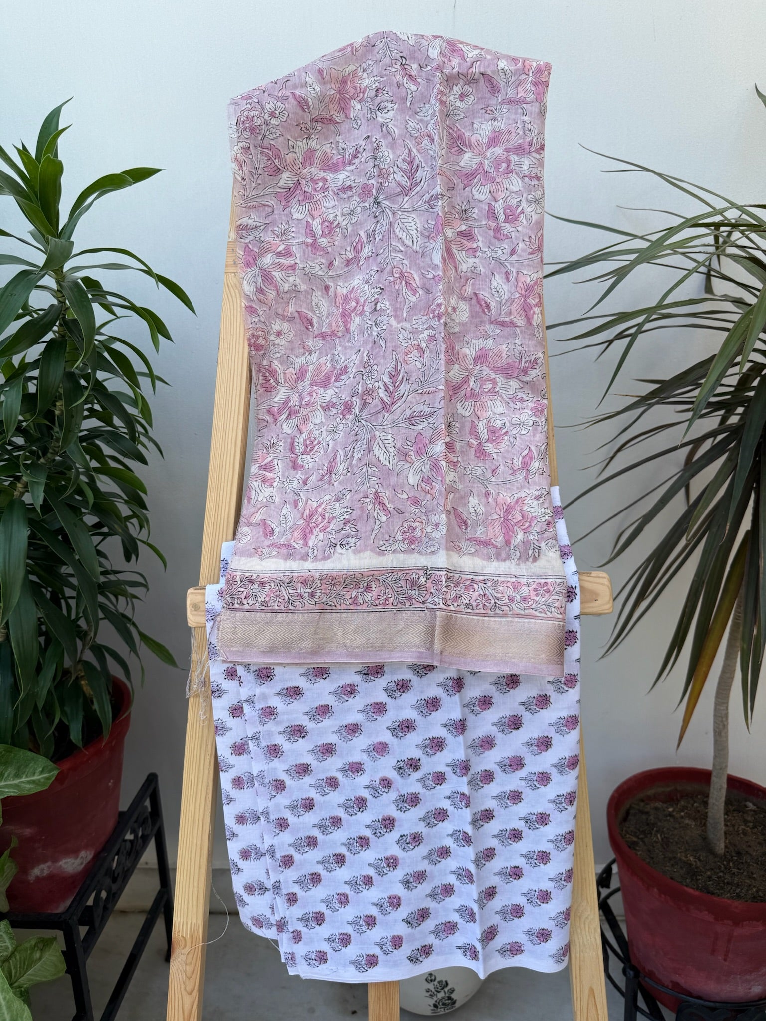 Elegant Pink Floral Handblock Maheshwari Cotton Silk Suit Set with Printed Dupatta