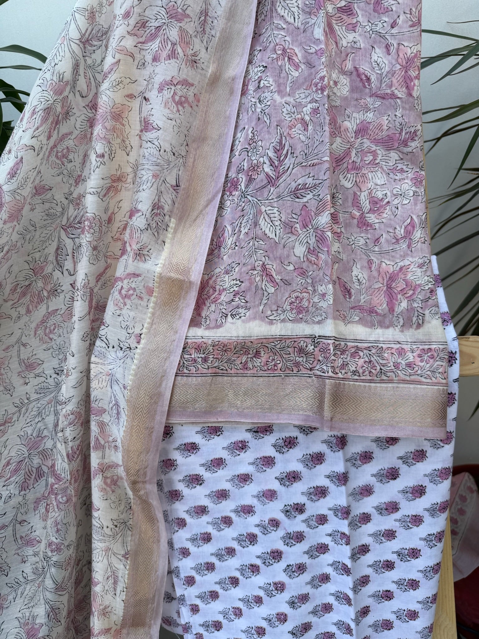 Elegant Pink Floral Handblock Maheshwari Cotton Silk Suit Set with Printed Dupatta
