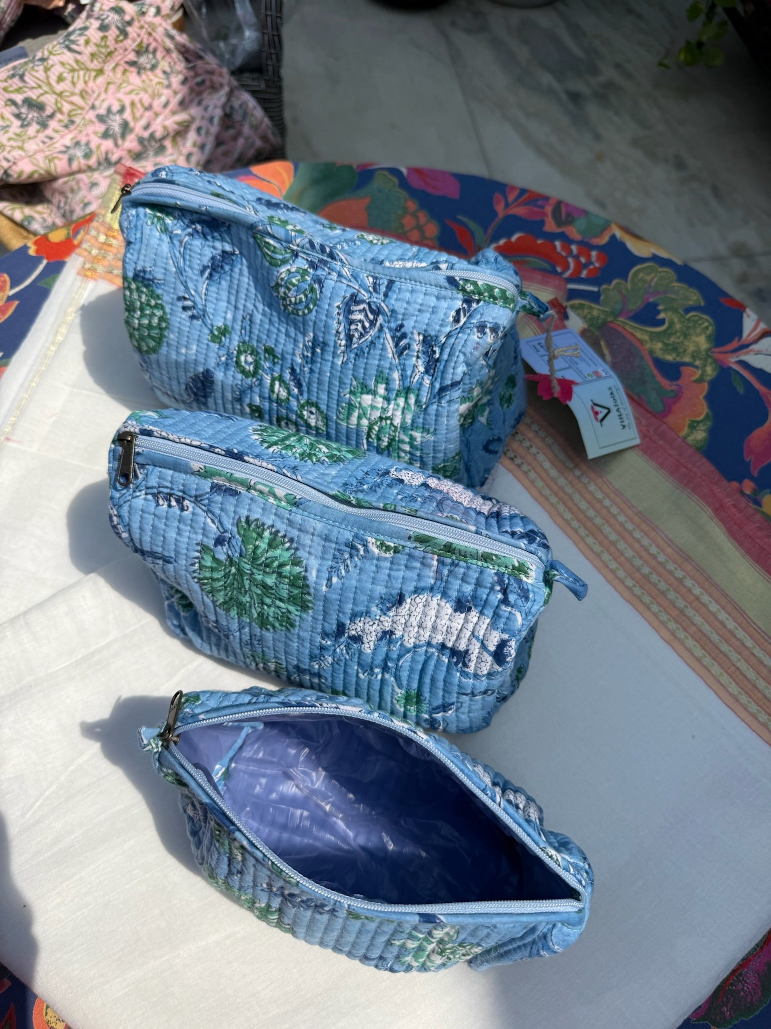 Blue Floral Pouch Set of 3